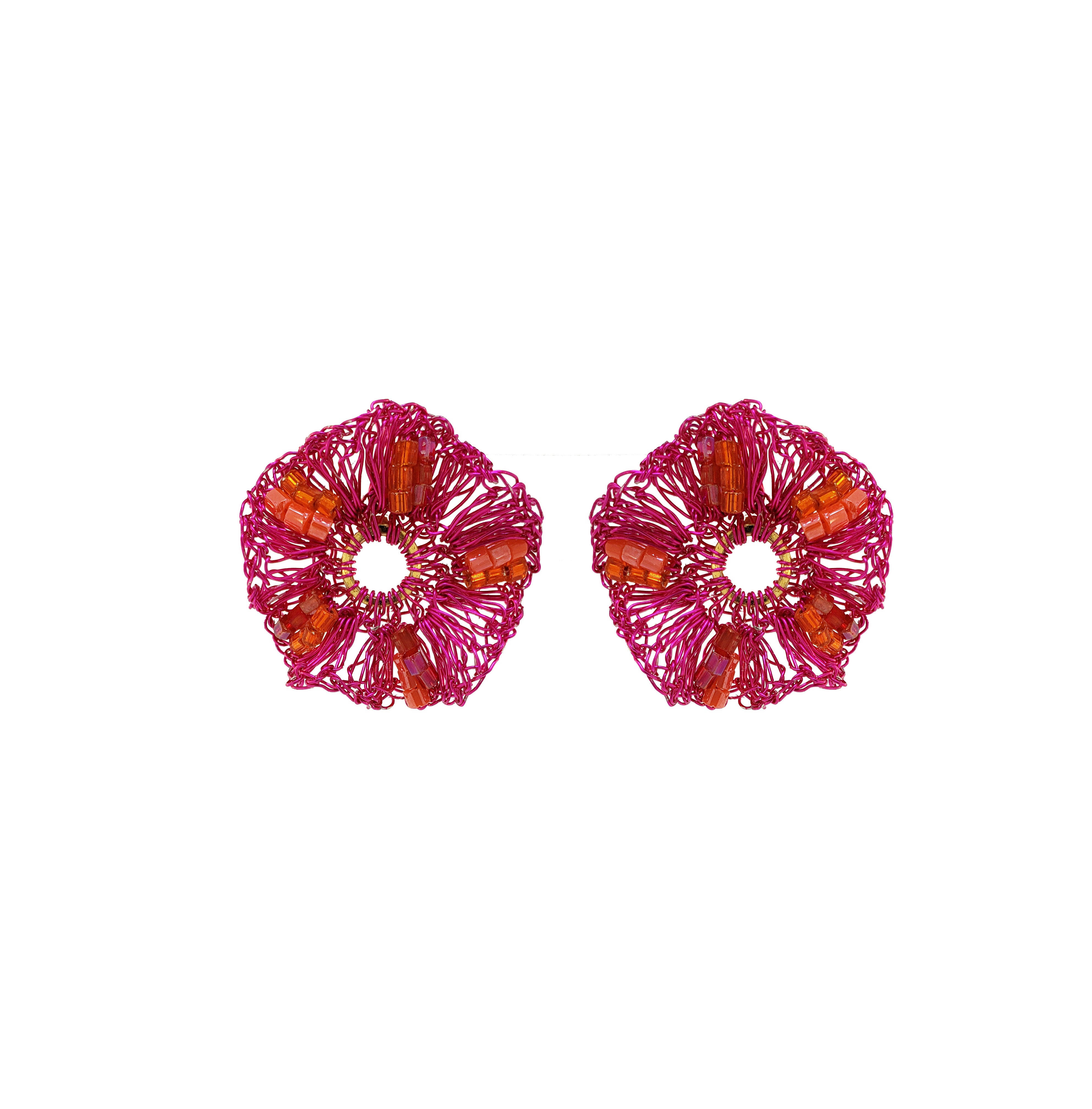 Lavish By Tricia Milaneze Women's Gold / Pink / Purple Neon Fuchsia Mix Gaia Post Handmade Crochet Earrings