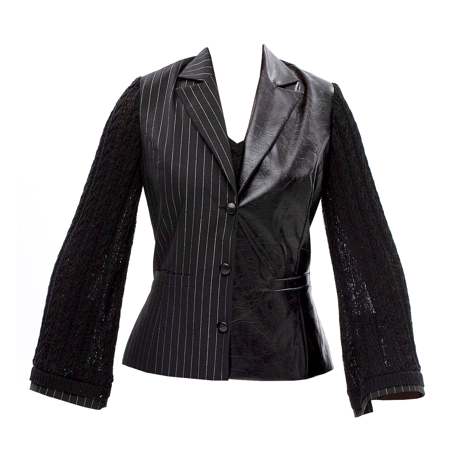 Women's Black Framed Tension - Blazer In Glossy Leather, Stripes & Textured Knit Sleeves | Xxs | Maison Bogomil