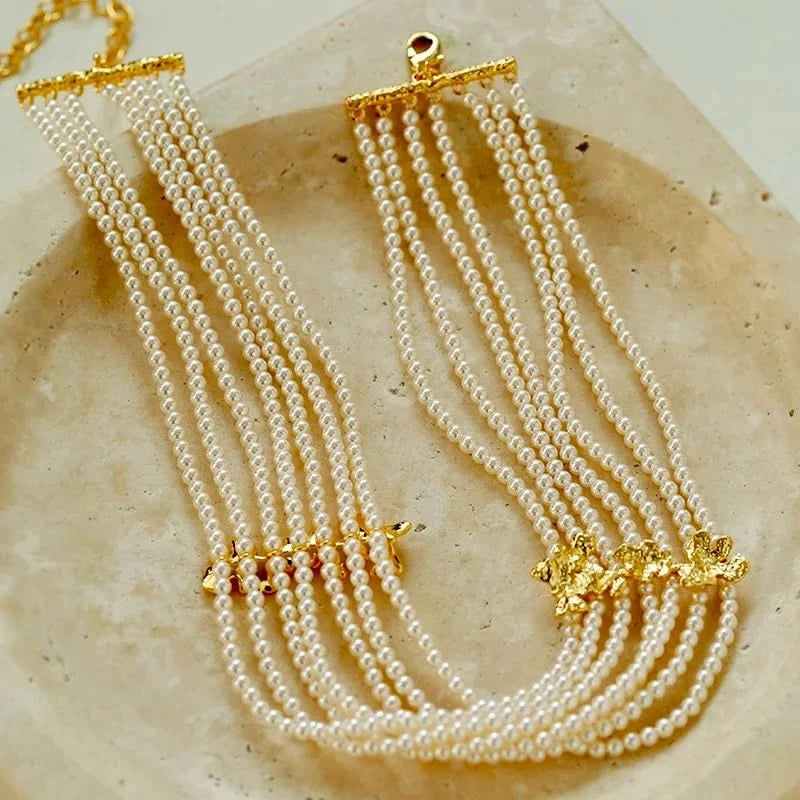 Beaded Multi-Strand Shell Pearl Choker Necklace | Angel Barocco