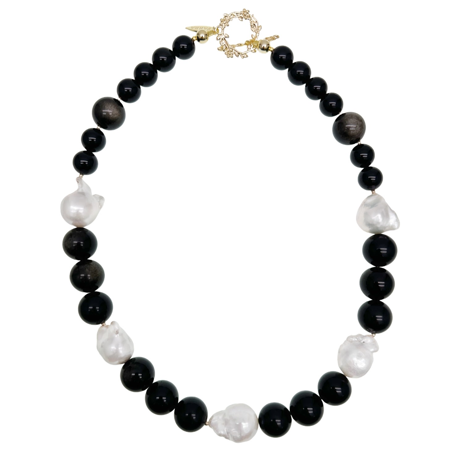 Farra Women's Black / White Timeless Nugget Black Obsidian With Baroque Pearls Chunky Necklace