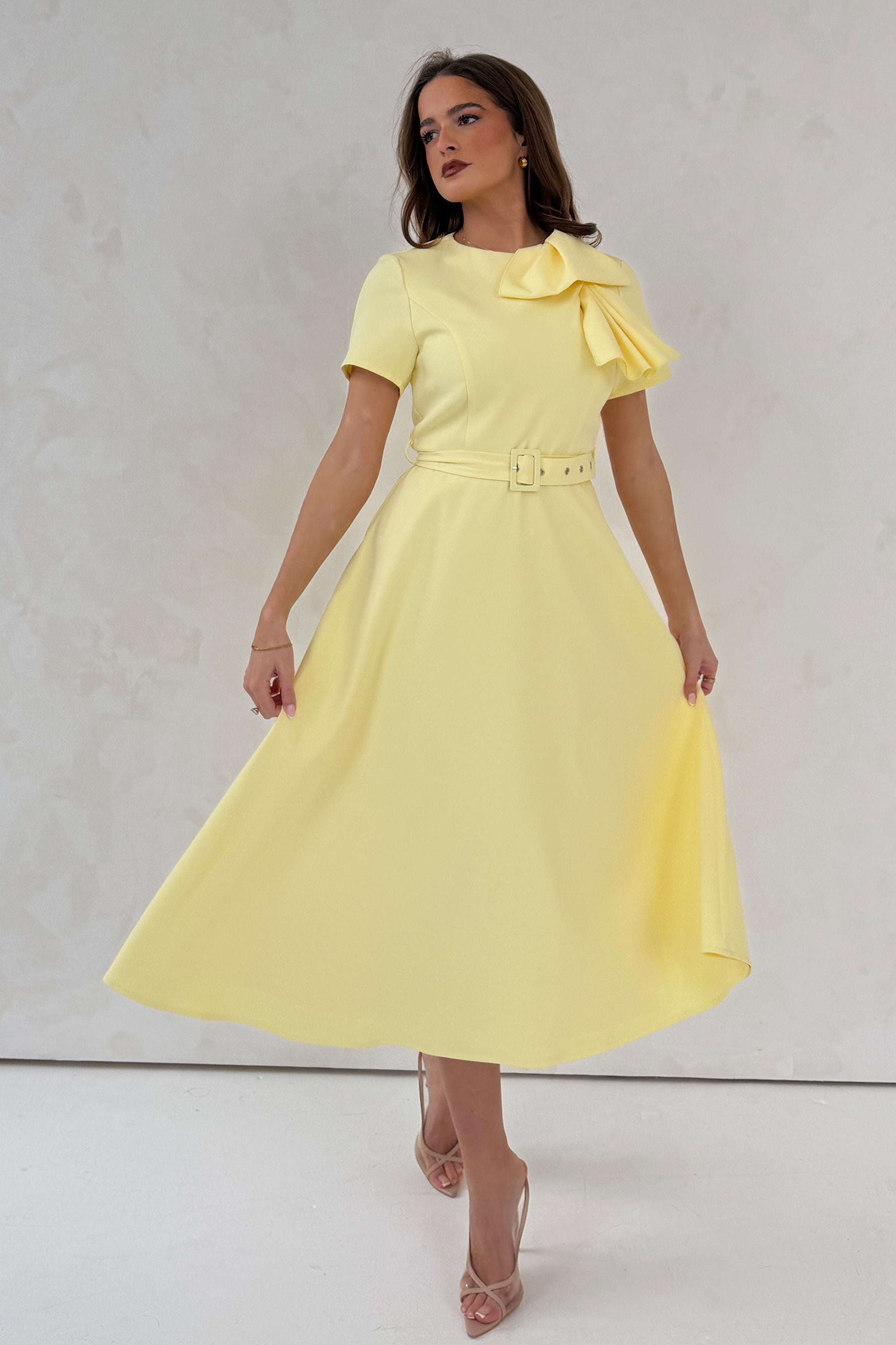 Sorelle Belted Midi Dress Yellow | Girl In Mind | Wolf & Badger