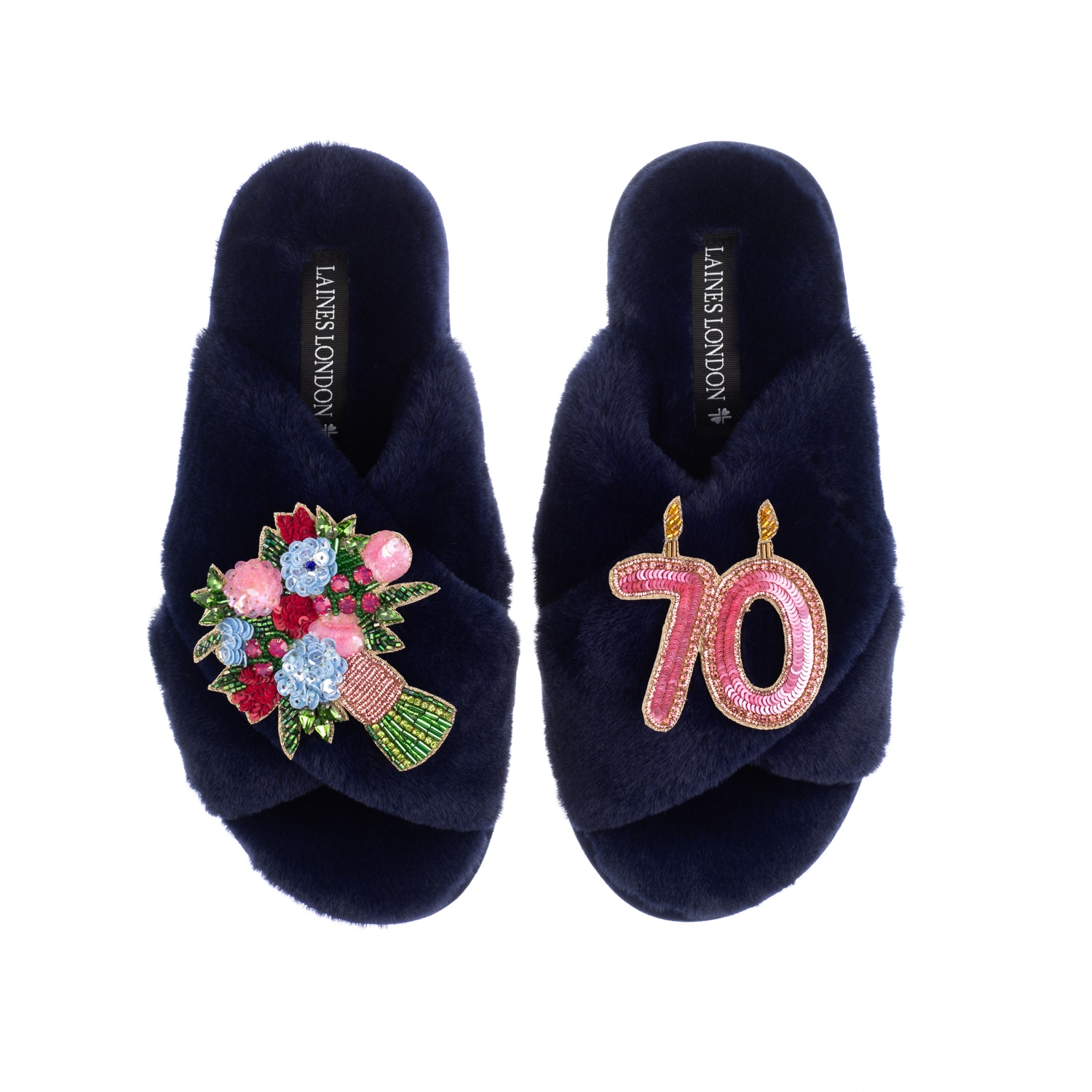 Laines London Women's Blue Classic Laines Slippers With 70th Birthday & Flowers Brooches - Navy In Blue