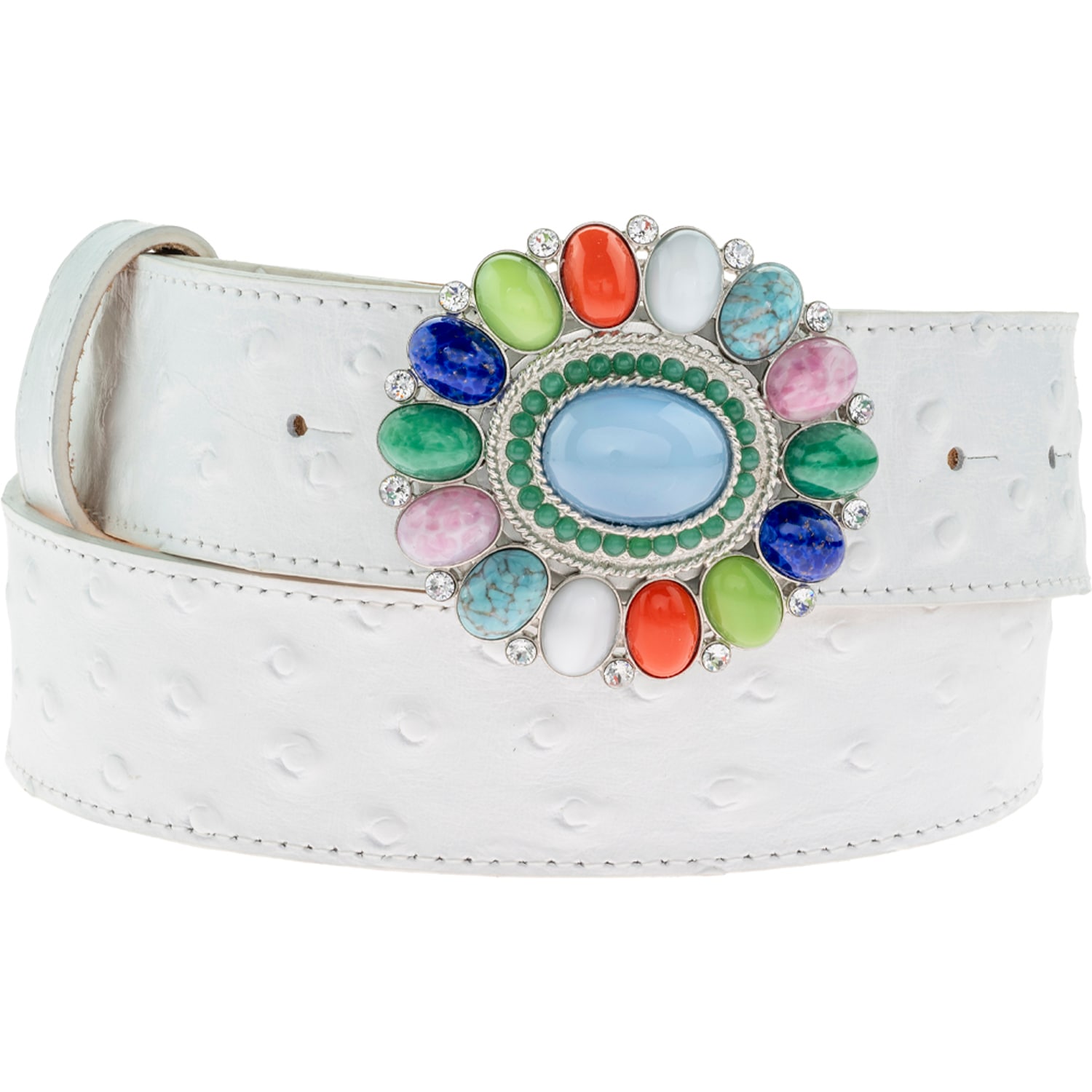 Peachy Belts Ltd Women's White Italian Ostrich Print Leather Belt & Detachable Party Buckle In White
