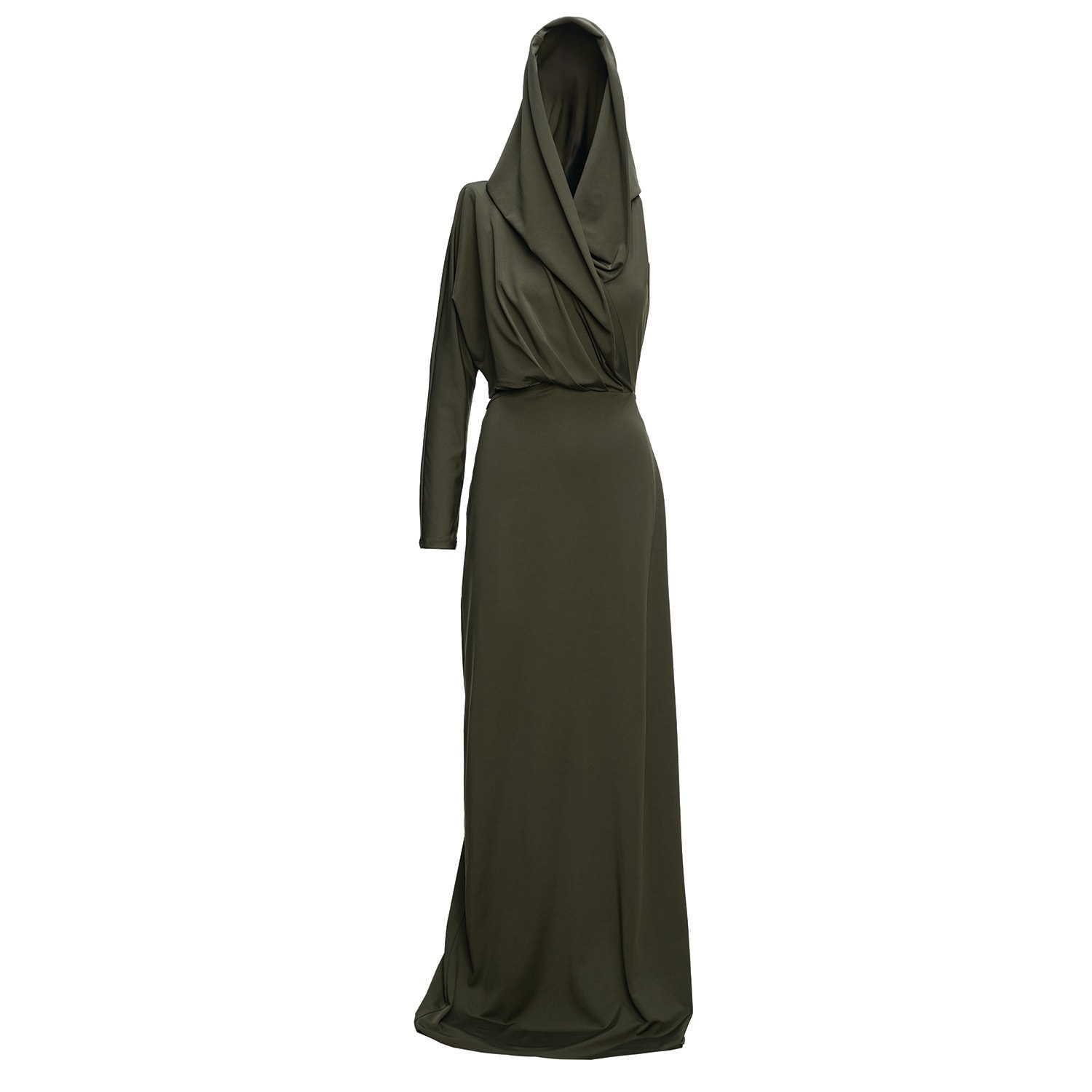 Bluzat Women's Green Khaki Draped Dress With Hood In Green