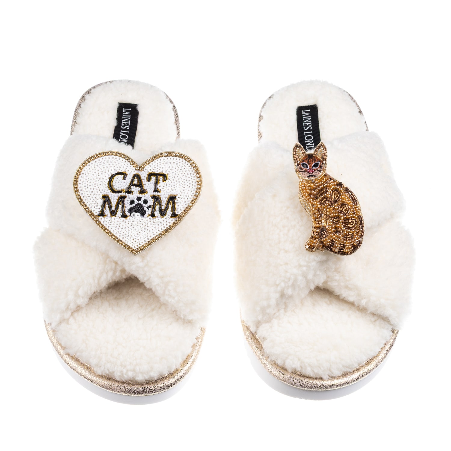 Laines London Women's Neutrals / White Boucle Slippers With Cat Mum/mom & Bengal Cat Brooches - Cream In White