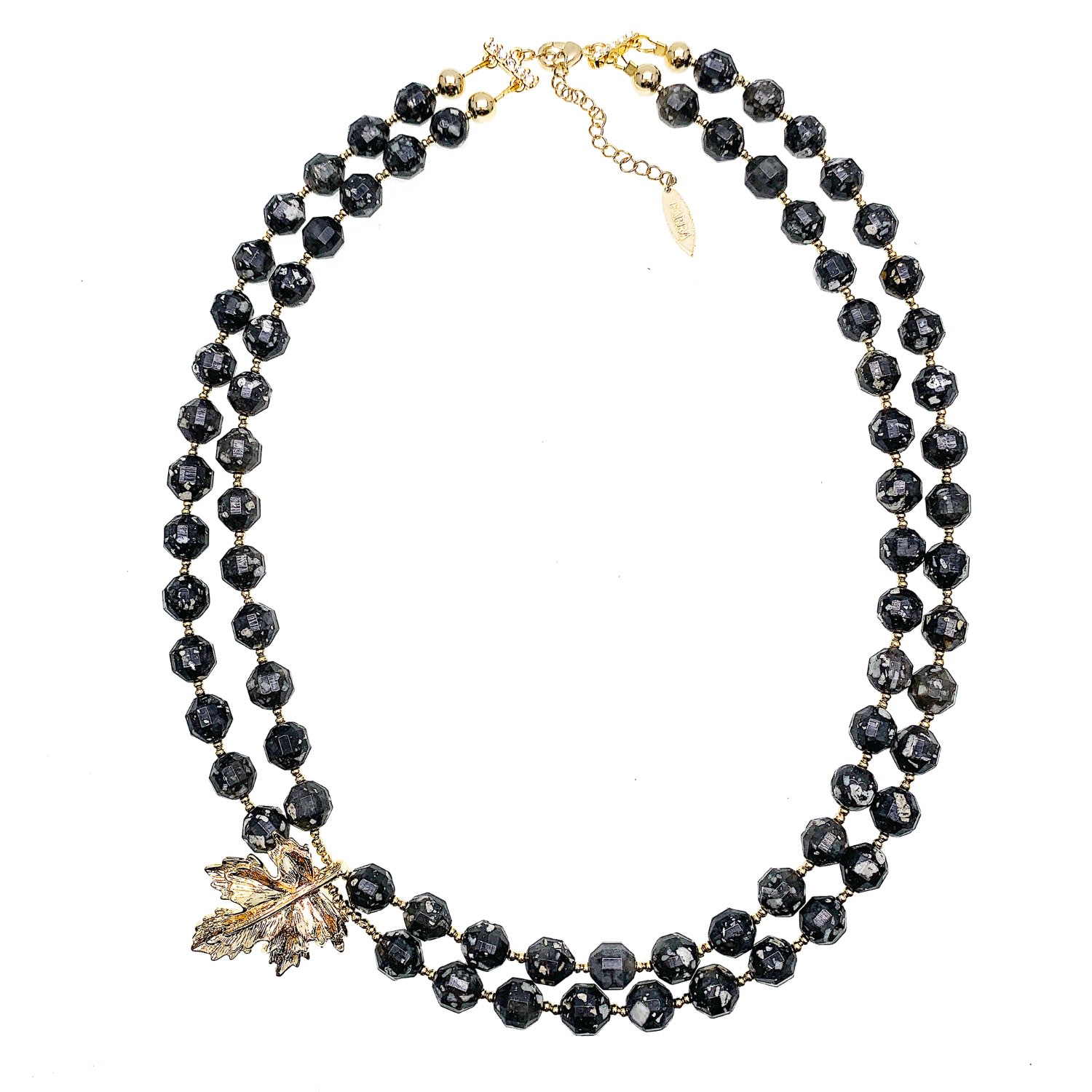 Women’s Double Layers Black Snowflake Obsidian With Maple Leave Pendant Necklace Farra