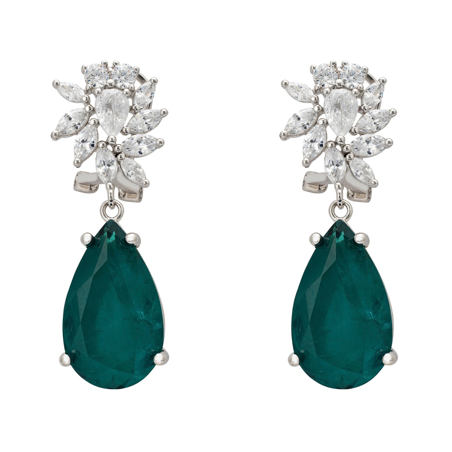 Women’s Green / Silver / White Marigold Flower Teardrop Earrings Colombian Emerald Silver Latelita