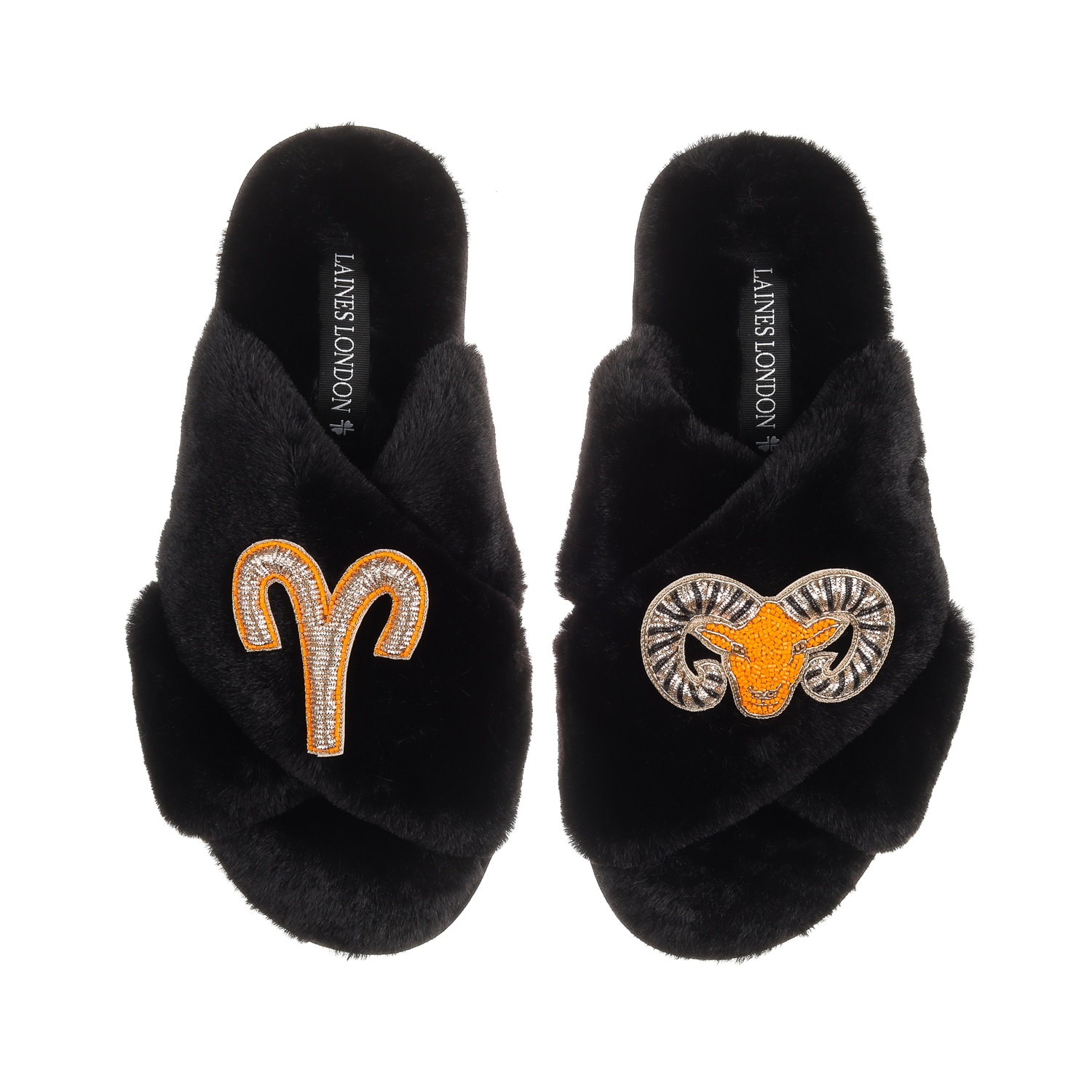 Laines London Women's Classic Laines Slippers With Aries Zodiac Brooches - Black