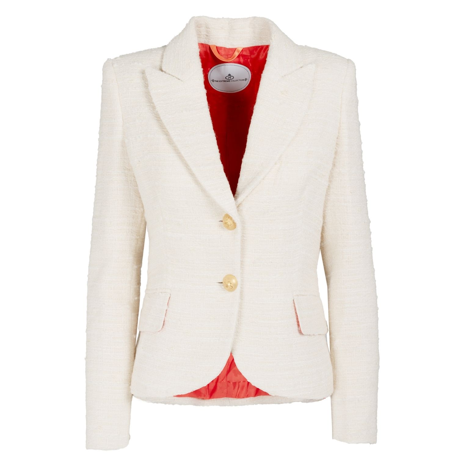 Refined Cream Textured Blazer With Gold Buttons And Tailored Fit