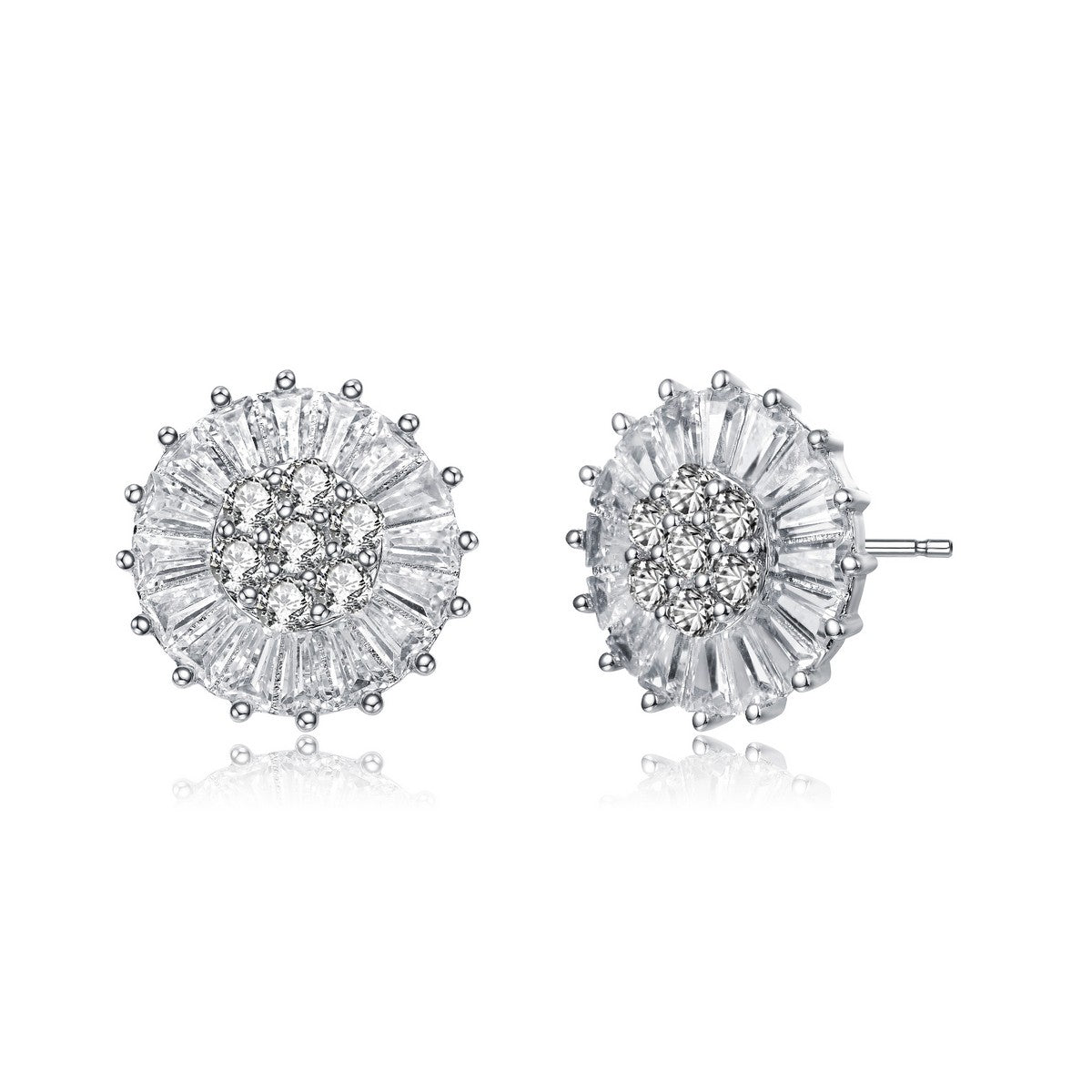 Women’s White / Silver Sterling Silver Round And Baguette Cubic Zirconia Stud Earrings Genevive Jewelry