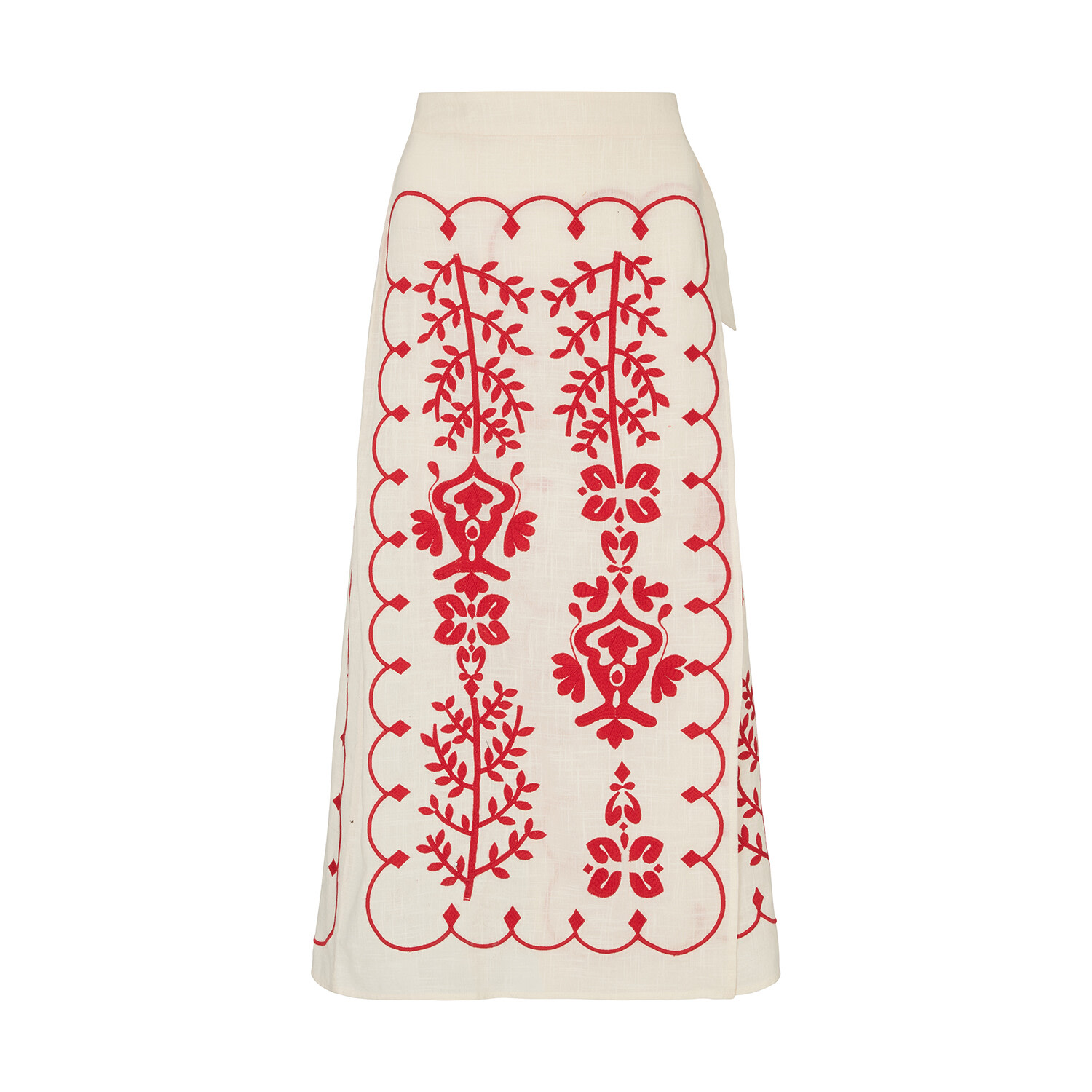 Raffya Women's White / Red Fraya Cross Hatch Embroidered Wrap Midi Skirt In White In White/red