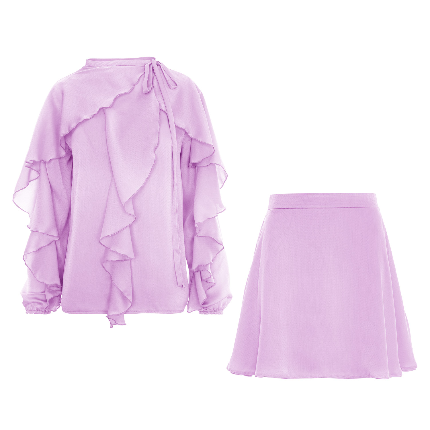 Bluzat Purple Ruffle Two-piece Set With Tie-neck Blouse In Purple