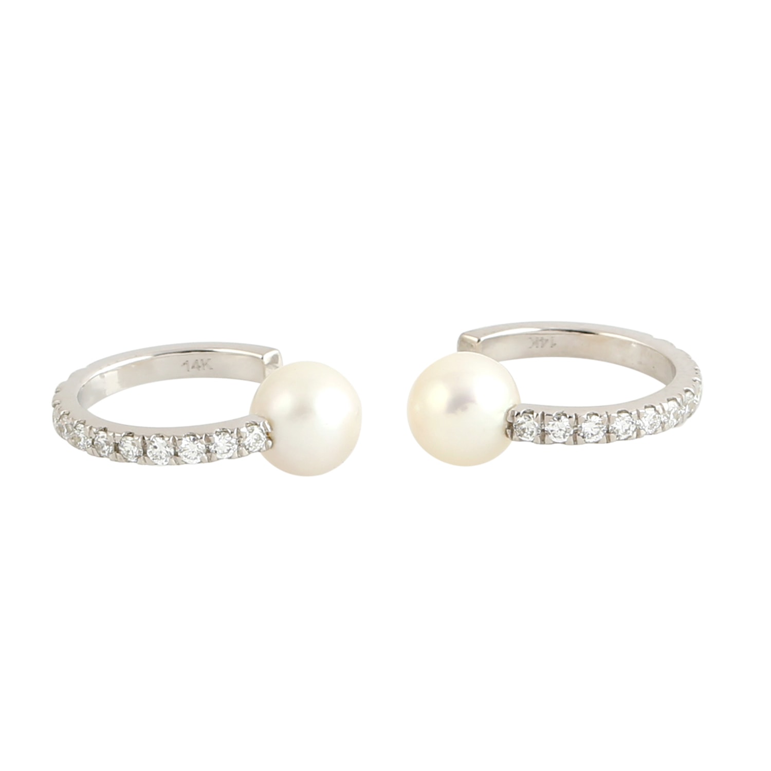 Women’s 14K Solid White Gold & Natural Pave Diamond With Pearl Huggies Earrings Artisan