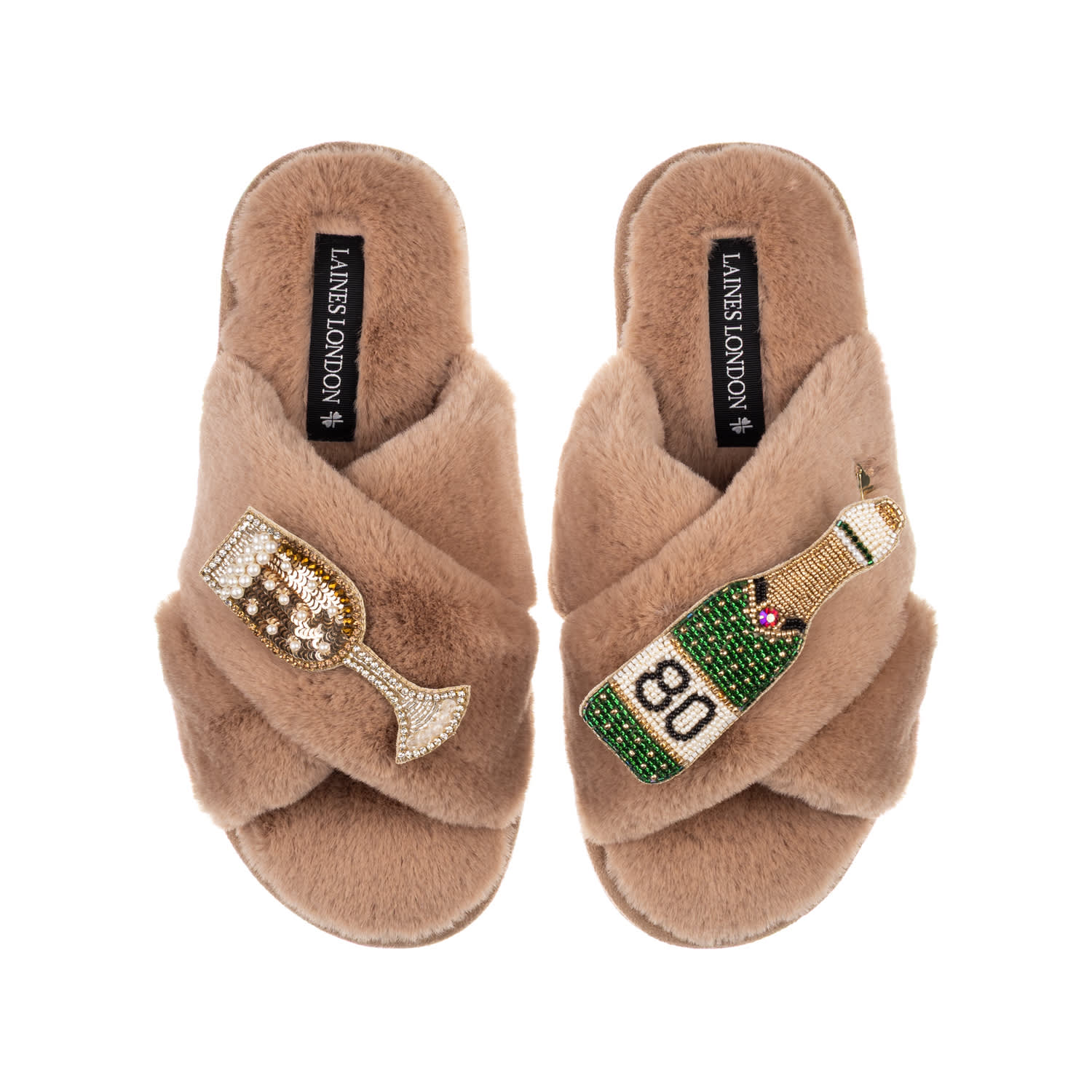 Women's Brown / Neutrals Classic Laines Slippers With Champagne & Glass 80Th Birthday Brooches
