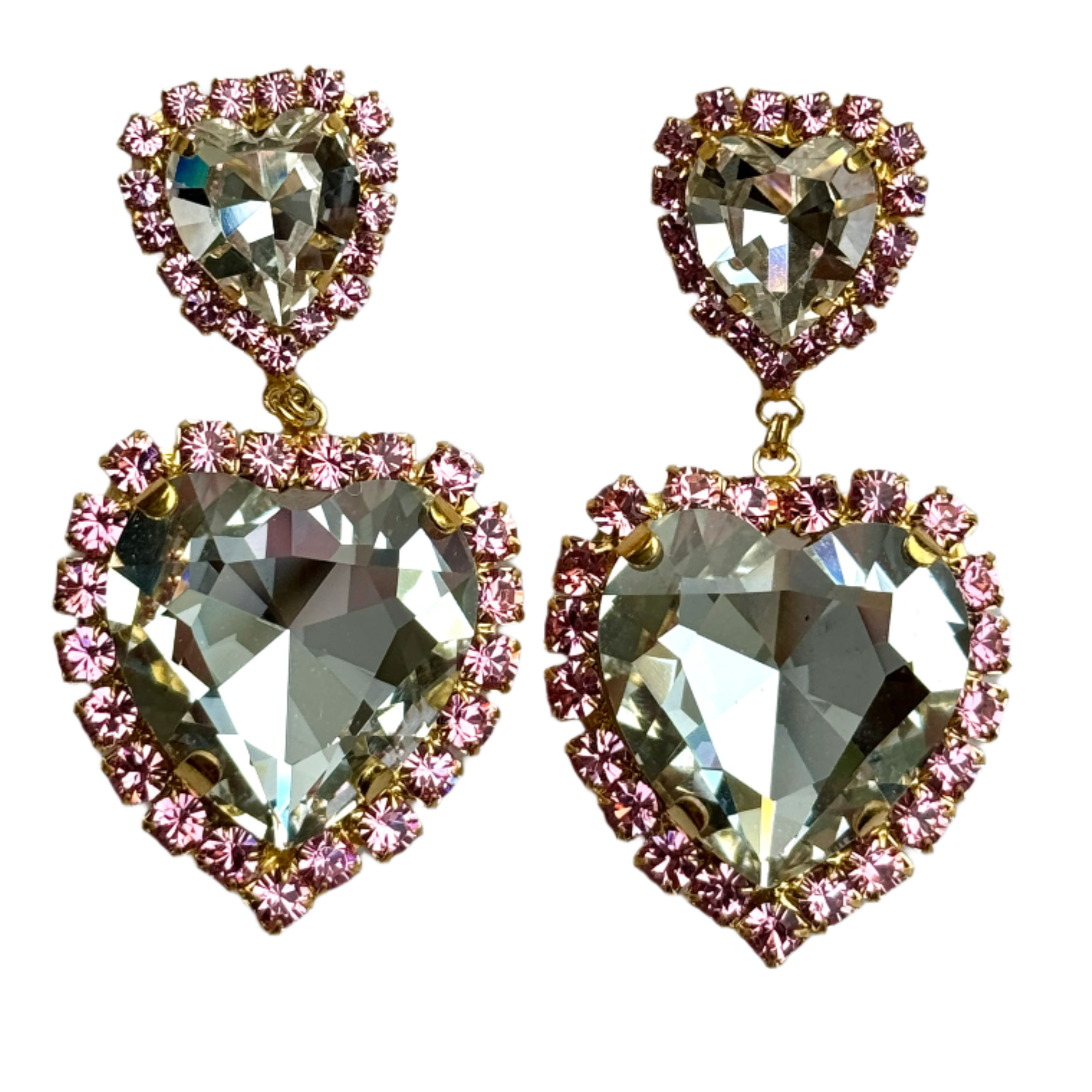 Laura Gray Women's Pink / Purple Double Heart Pink Crystal Post Earrings