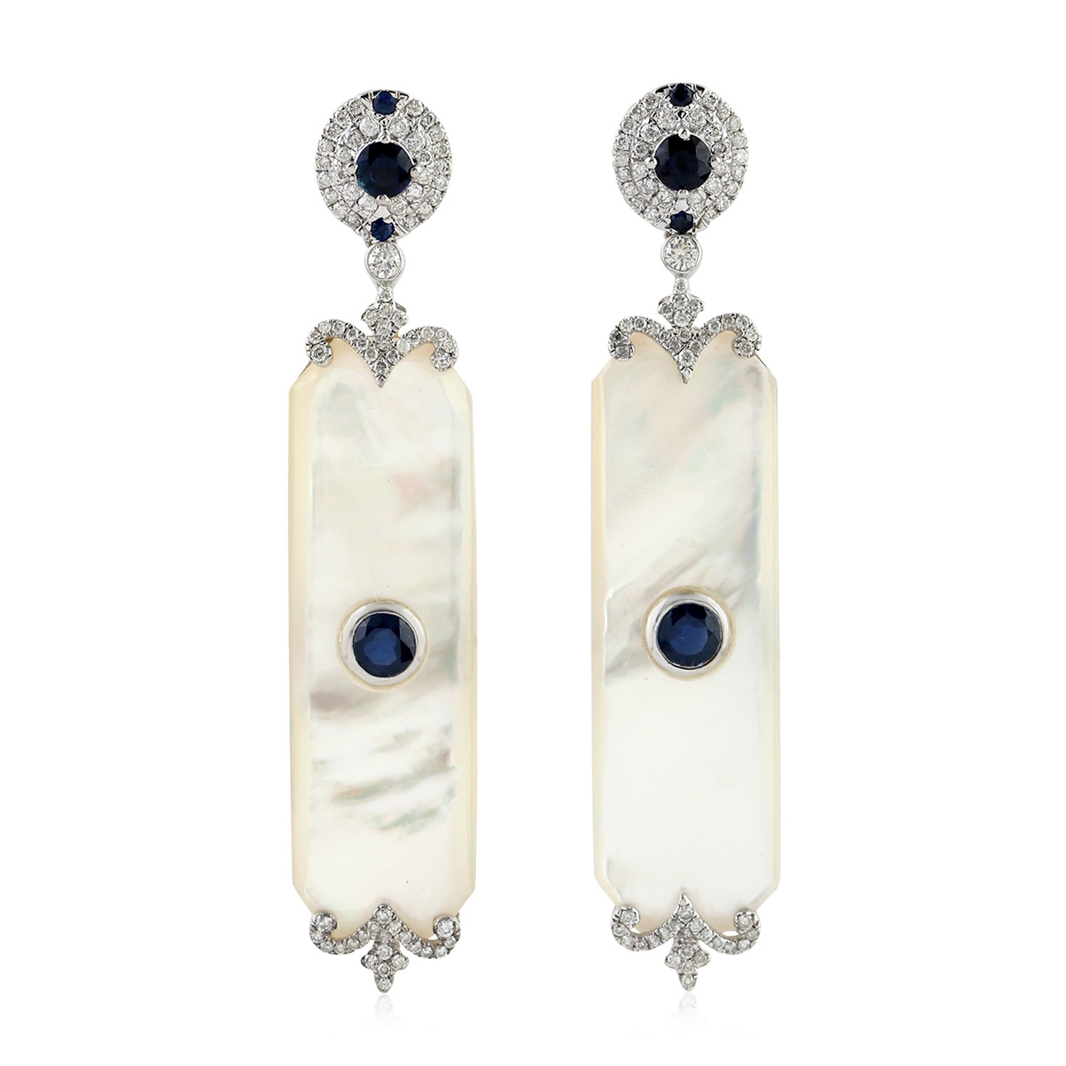 Artisan Women's Blue / White White Gold Earrings With Mother Of Pearl, Blue Sapphire & Diamonds In Metallic