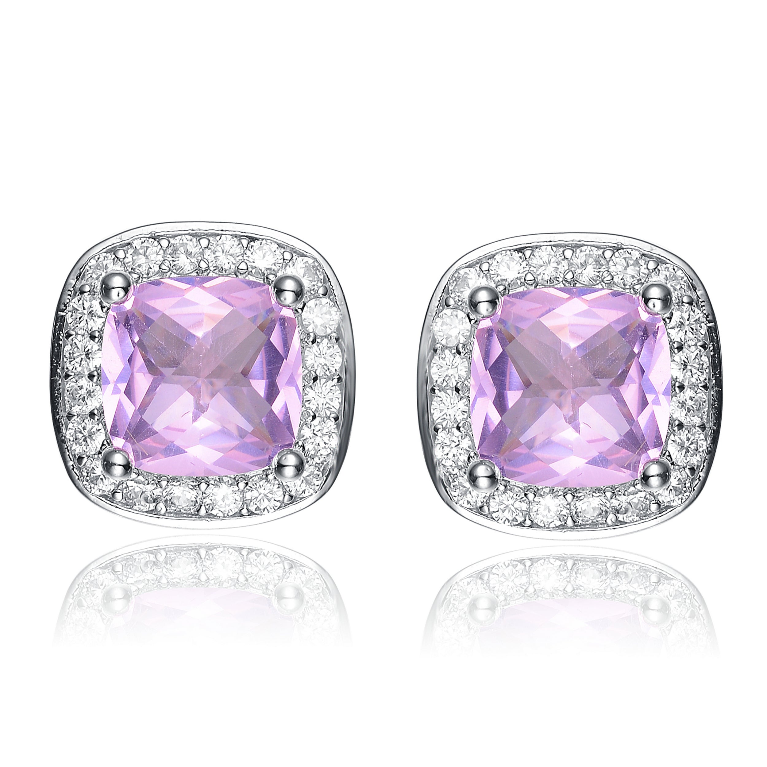 Women’s Pink / Purple / White Rachel Glauber White Gold Plated Square Stud Earrings With Pink Cubic Zirconia Genevive Jewelry