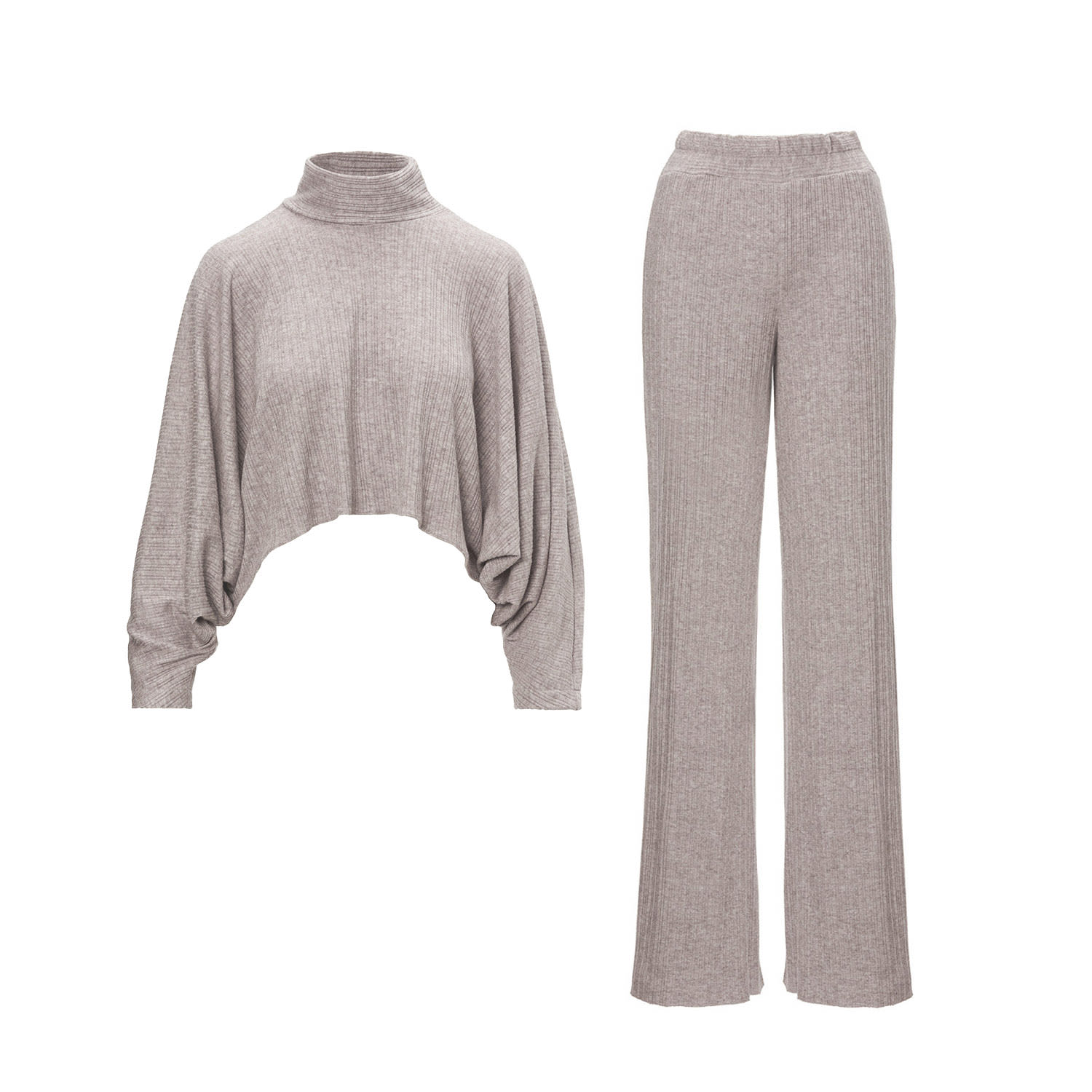 Bluzat Neutrals Knitted Matching Set With Blouse And Wide Leg Trousers In Gray