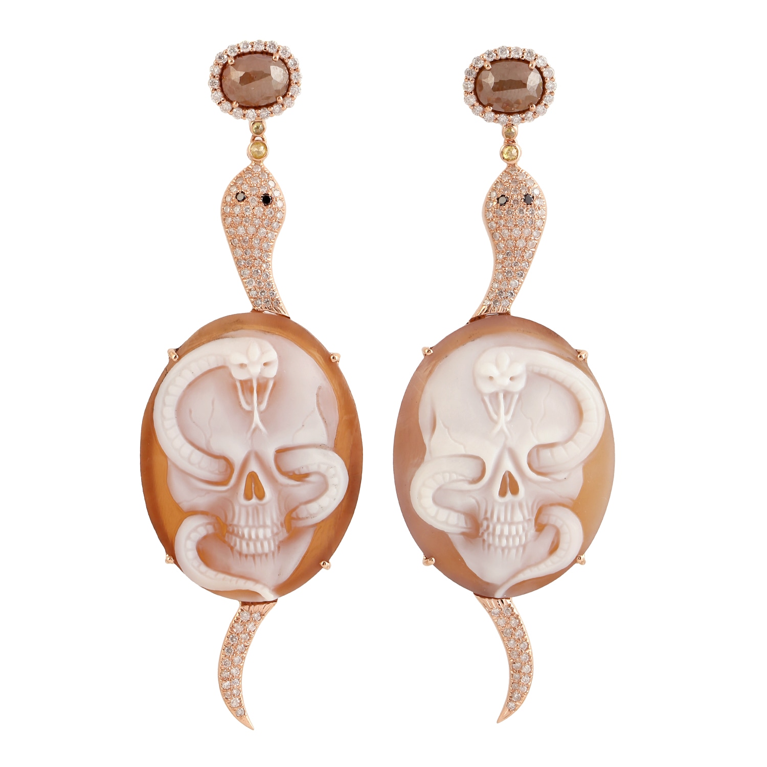 Women’s Brown / White 18K Rose Gold Diamond Skull Design Shell Cameos Gemstone Earrings Artisan