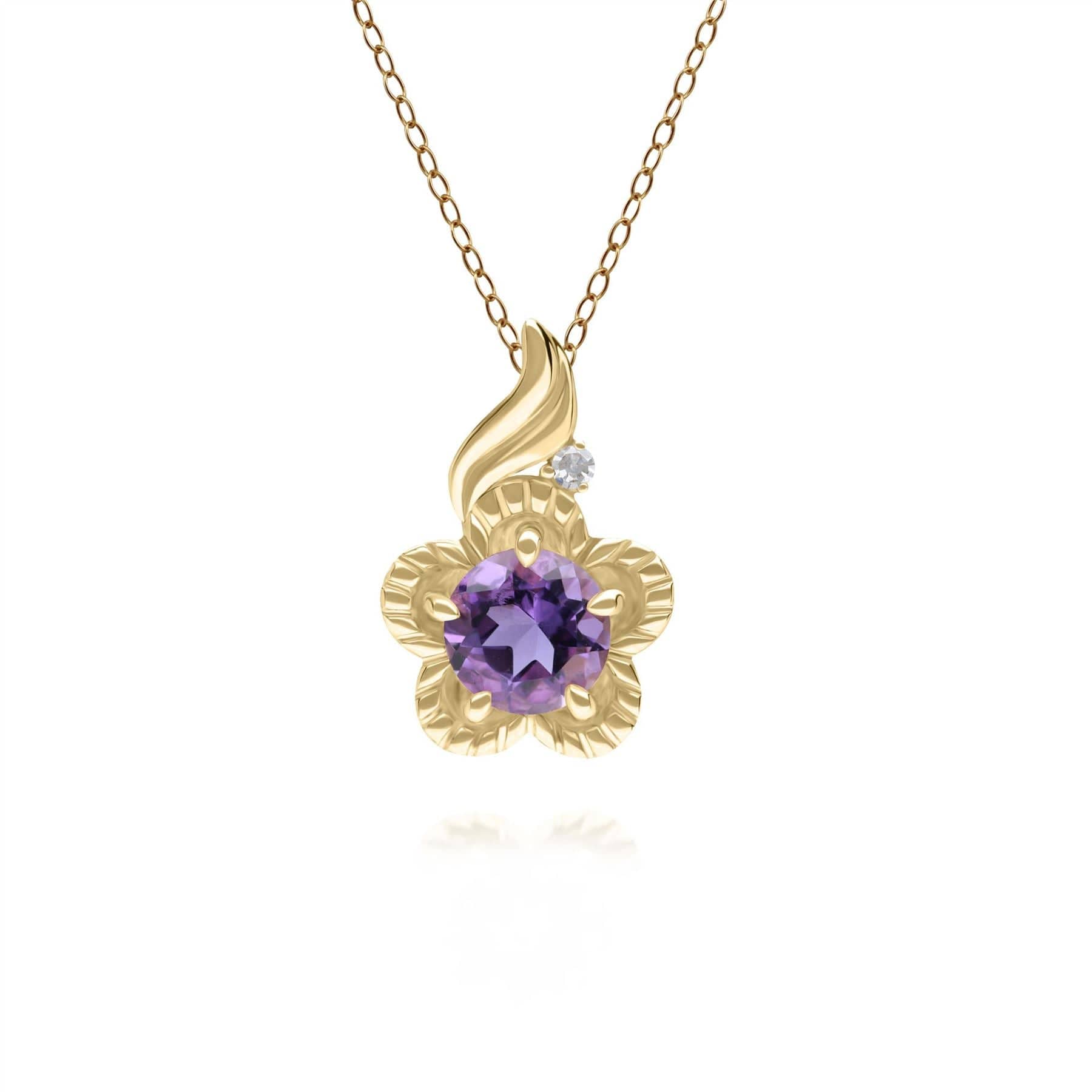 Women’s Pink / Purple Floral Round Amethyst & Diamond Pendant In Yellow Gold Gemondo