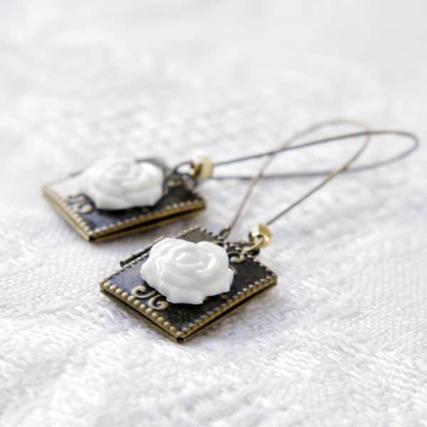 Poporcelain Classic Porcelain Rose On Vintage Book Locket Earrings In Locket