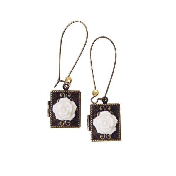 Poporcelain Classic Porcelain Rose On Vintage Book Locket Earrings In Locket