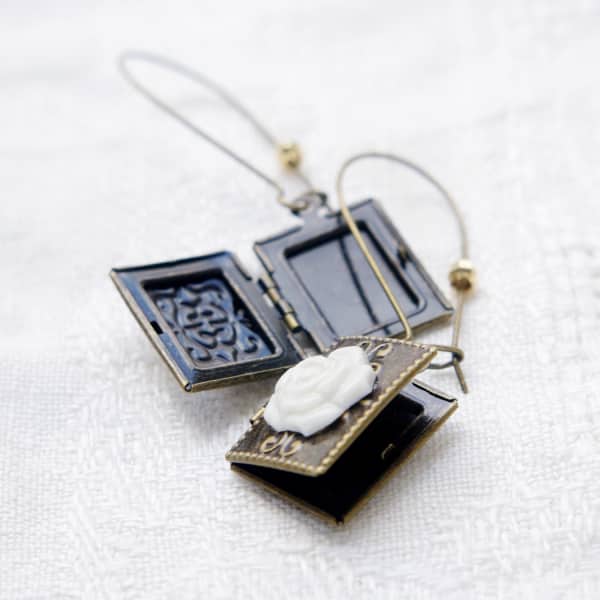 Poporcelain Classic Porcelain Rose On Vintage Book Locket Earrings In Locket
