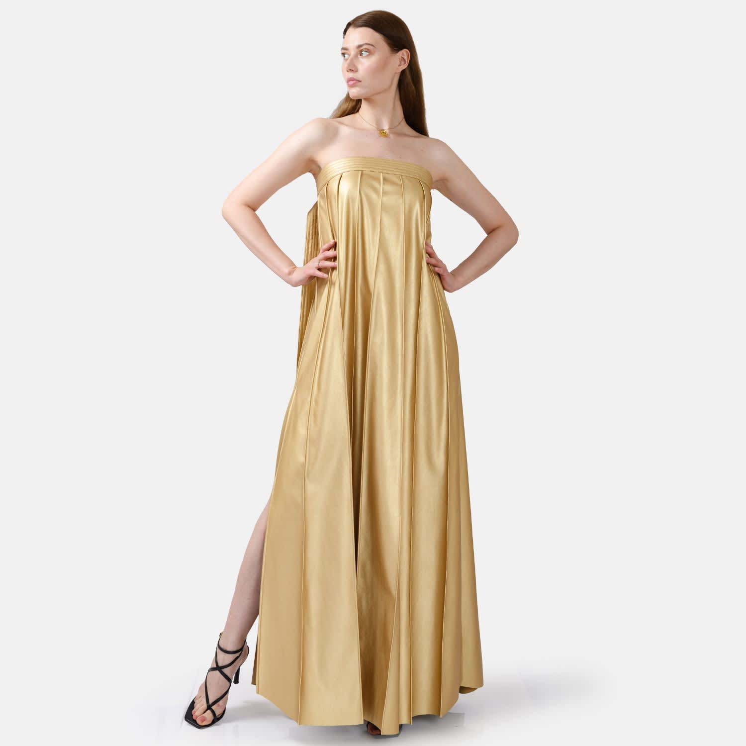 Pleated Gold Leather Maxi Dress  Strapless Designer Evening Gown In Faux  by Kargede
