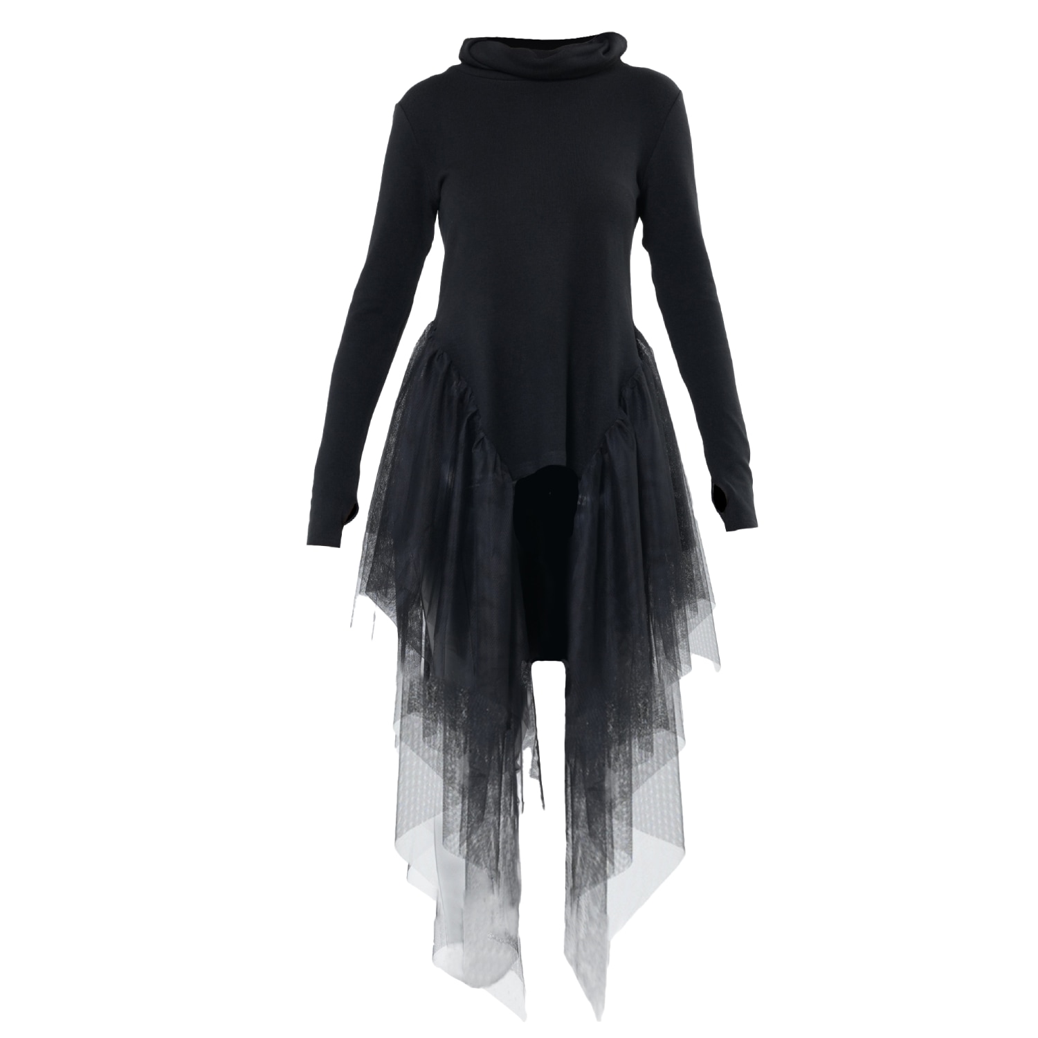 Metamorphoza Women's Knitted Turtleneck Black Tunic With Tulle In Black