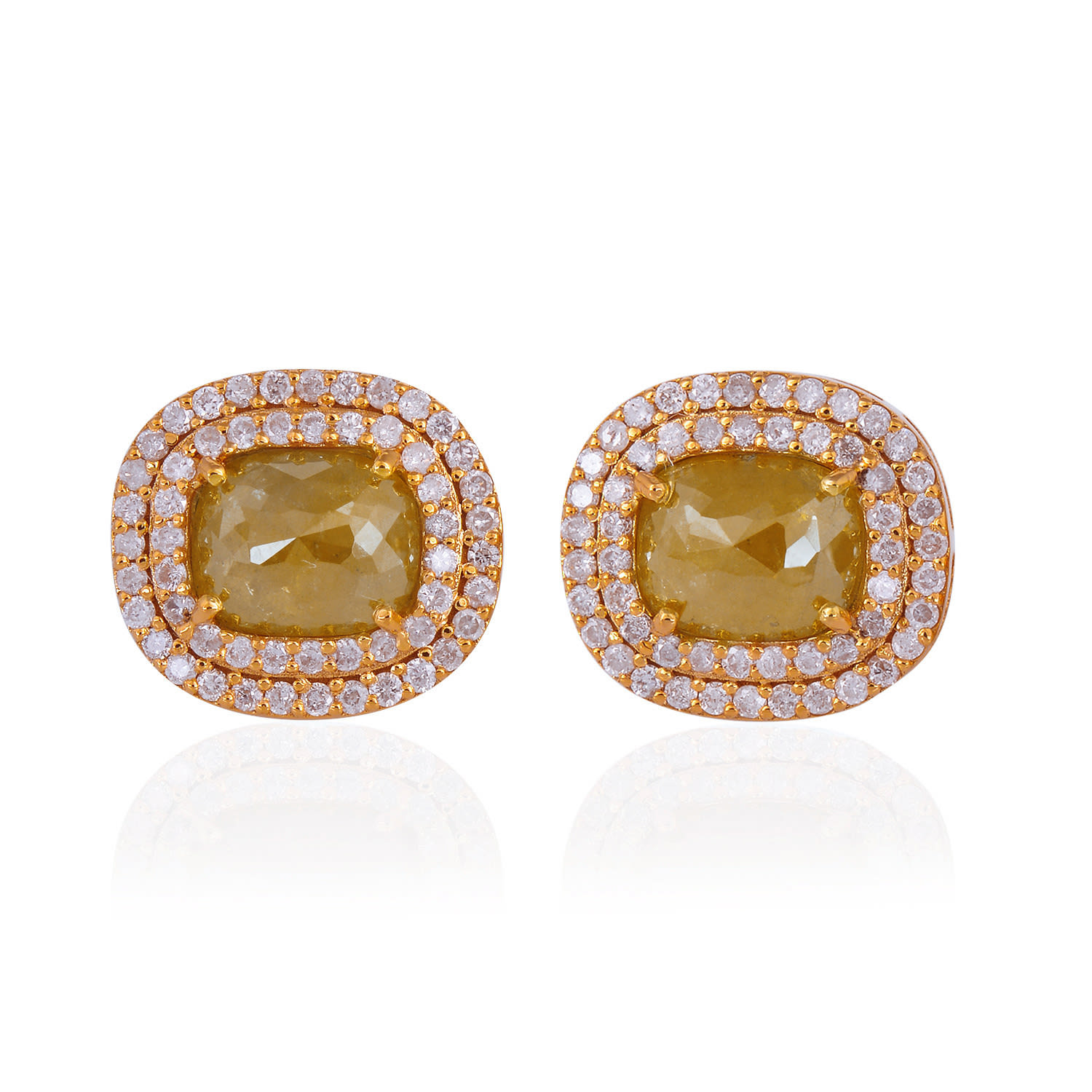 Artisan Women's Gold / Brown 18k Yellow Gold Two-row Stud Earrings With Natural Ice Diamonds In Gold