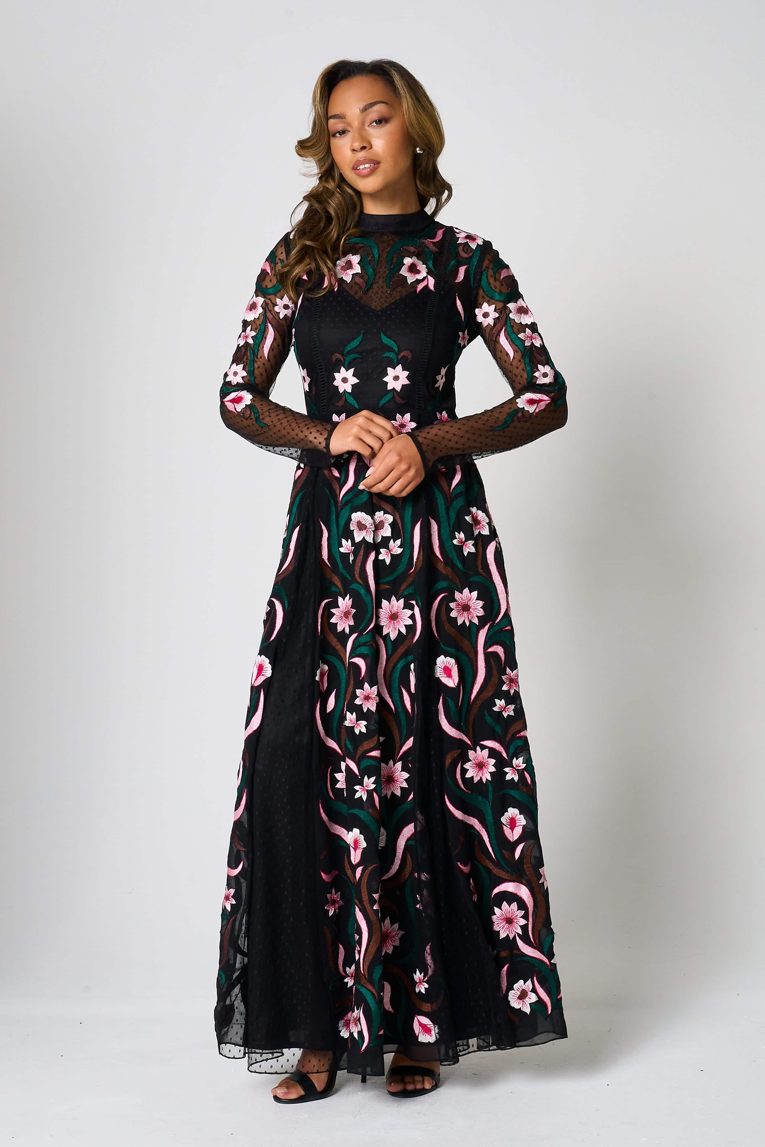 Liana Black Floral Embroidered Maxi Dress | Frock and Frill | Wolf
