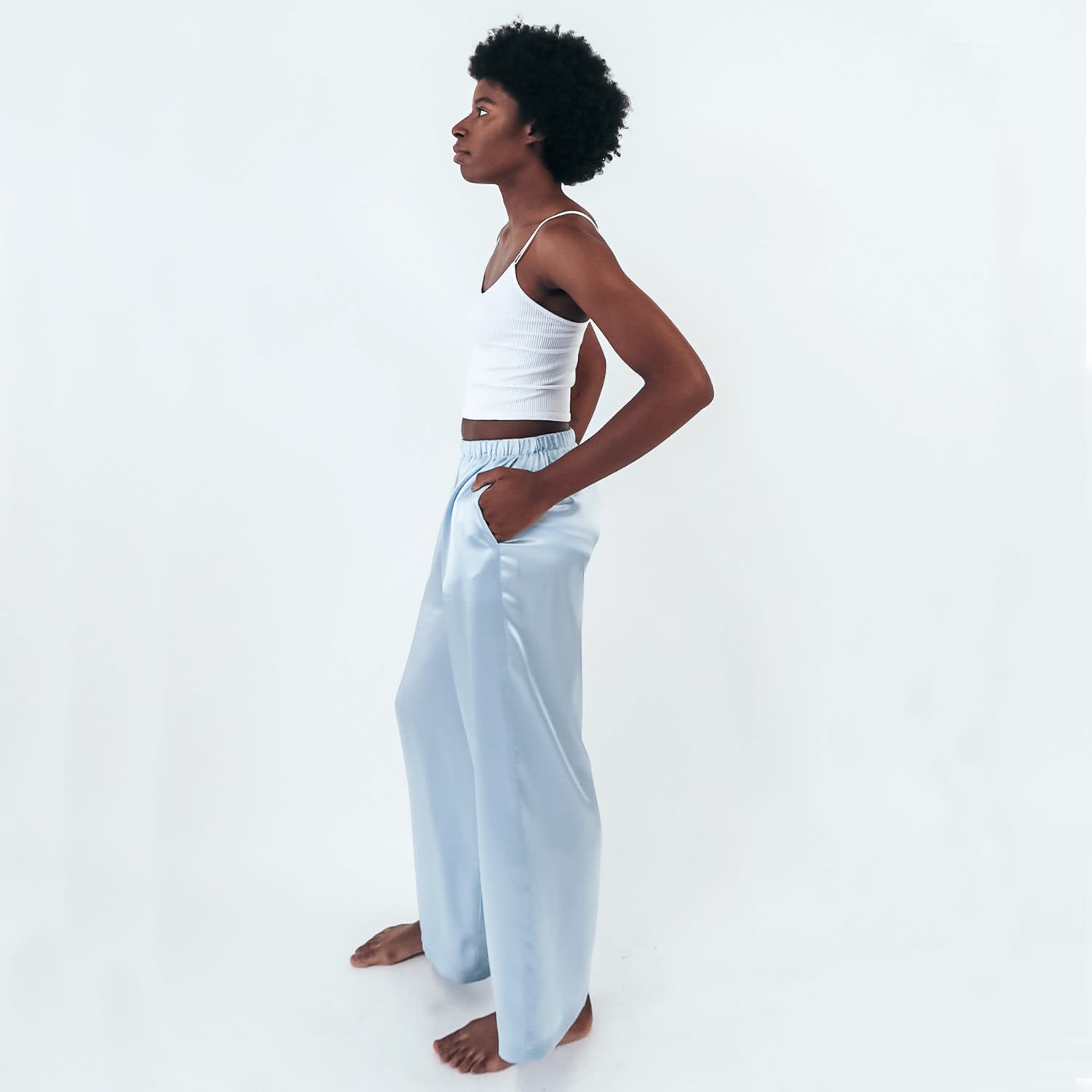 light blue silk pants