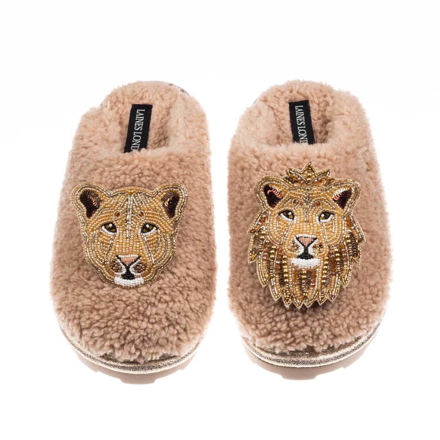 Laines London Women's Brown / Neutrals Teddy Closed Toe Slippers With Lion & Lioness Brooches - Toffee In Brown