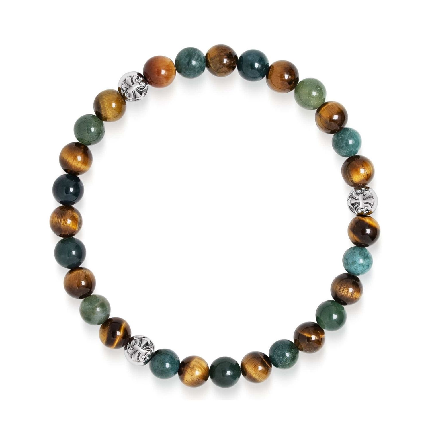 Nialaya Men's Tiger Eye Wnd Aquatic Agate Bracelet With Silver Balls