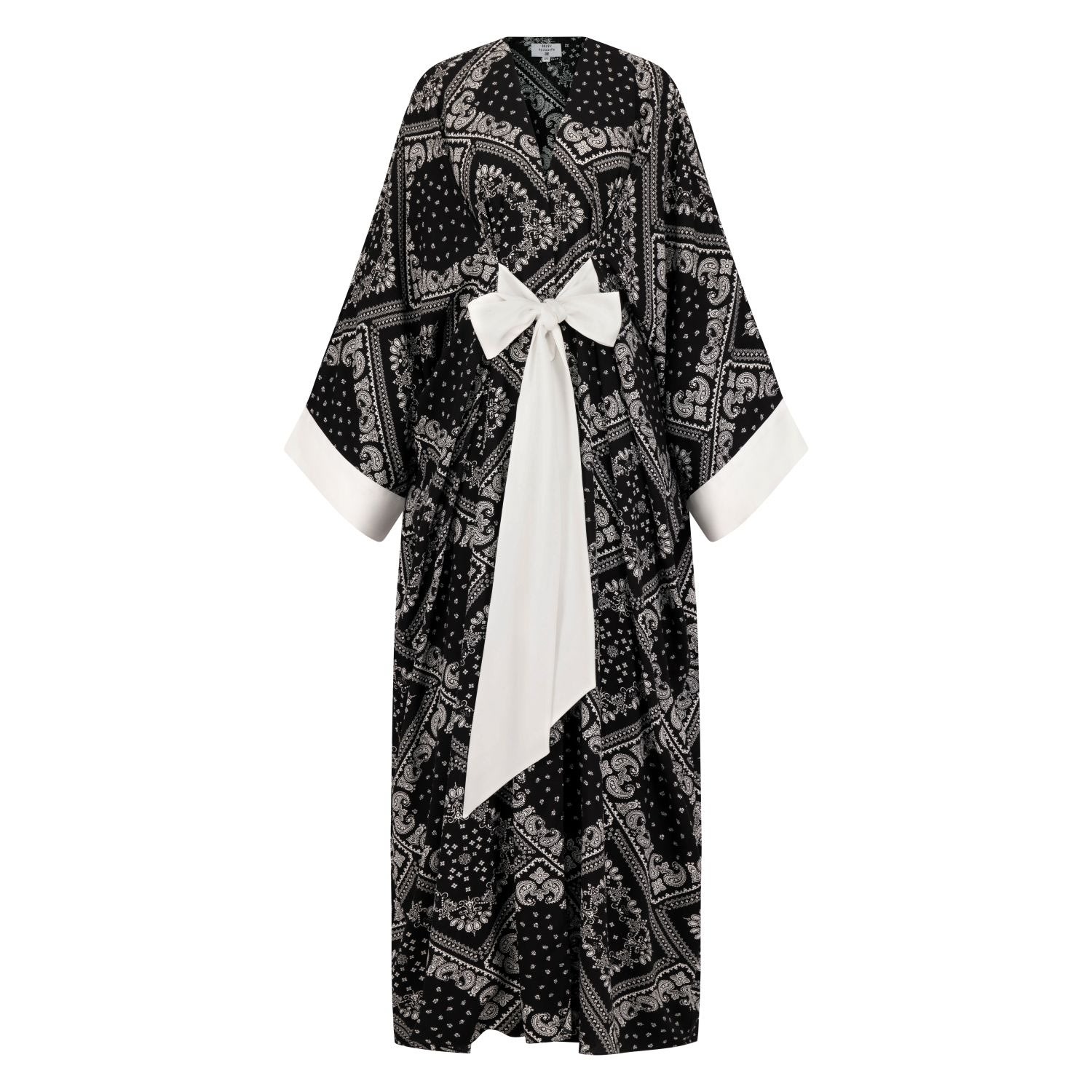 Azzalia Women's Classic Abaya Cut With Belt In Printed Black Paisley Rayon In Black