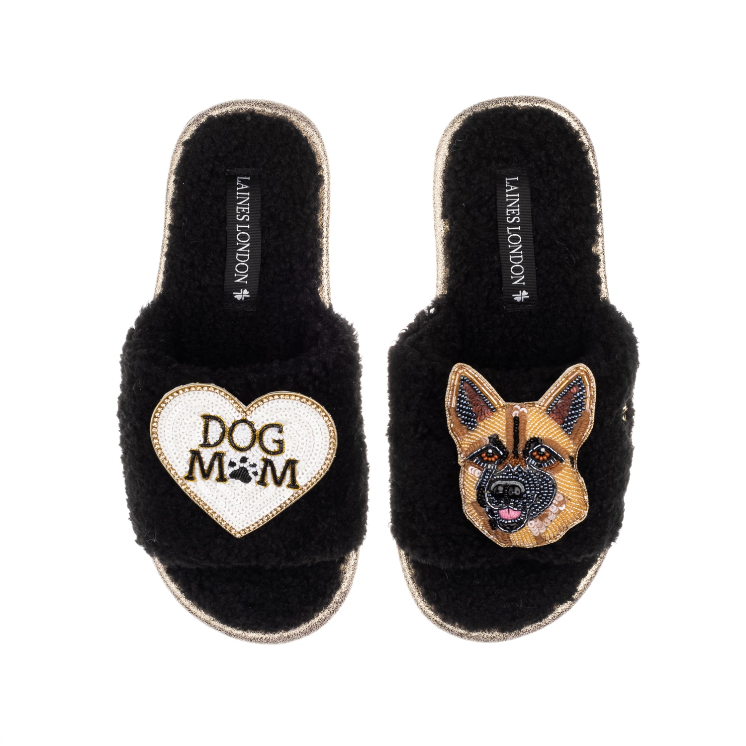 Laines London Women's Teddy Towelling Slipper Sliders With Roxy The German Shepherd & Dog Mum/mom Brooches - Black In Black