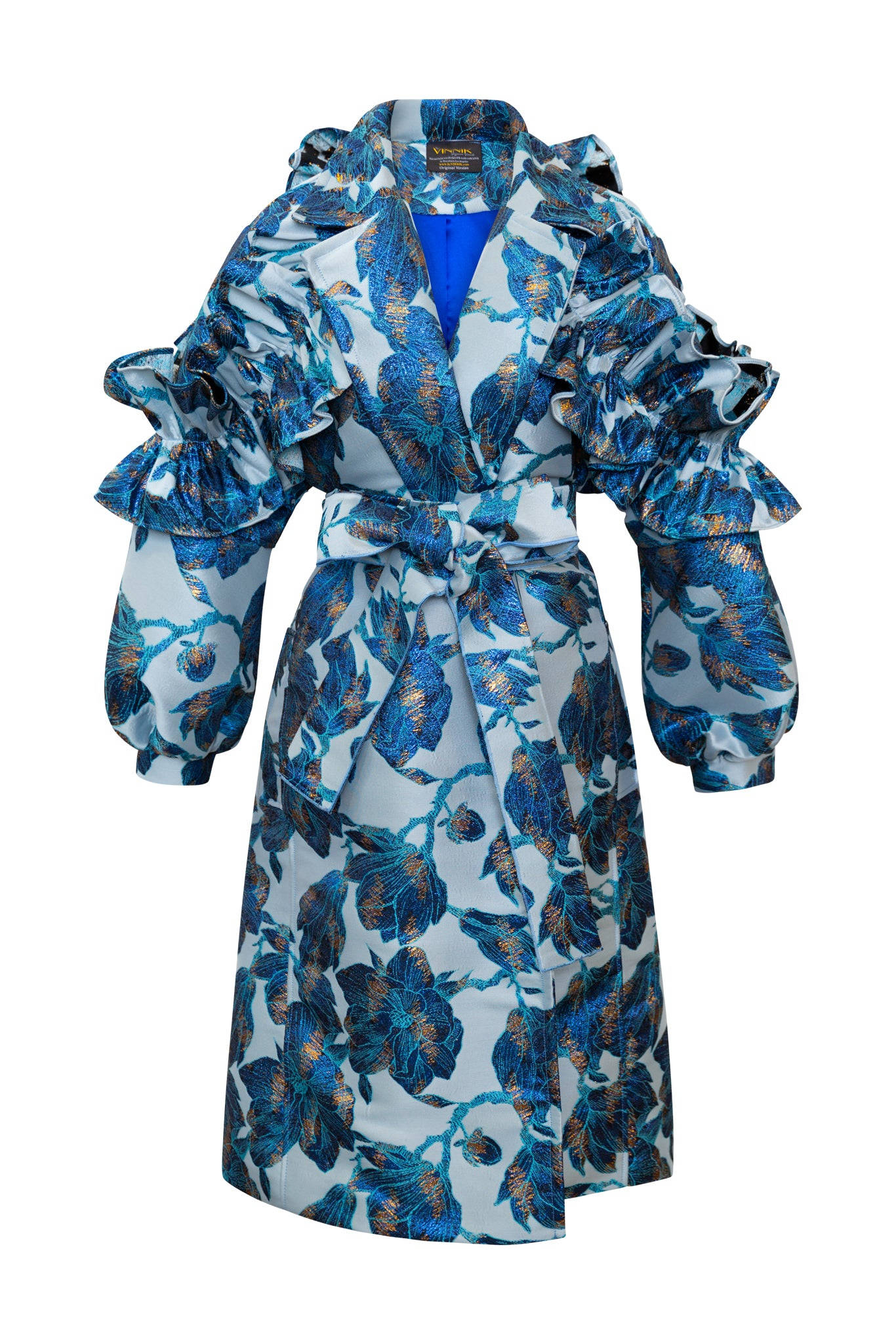 Byvinnik Women's Gold / Blue / White Ruffle Trench Coat In Cendrillon Jacquard In Multi