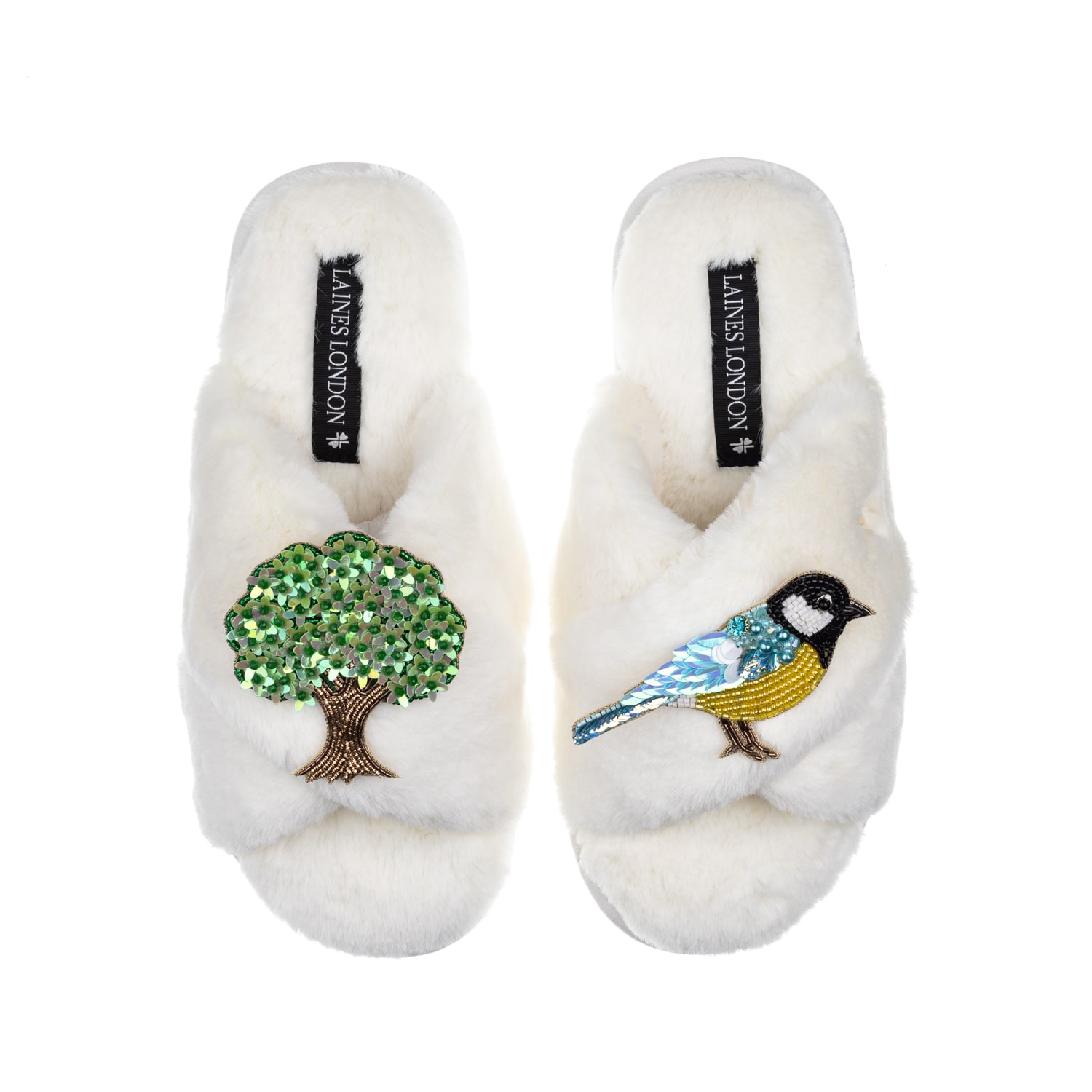 Laines London Women's White Classic Laines Slippers With Oak Tree & Blue Tit Brooches - Cream In White