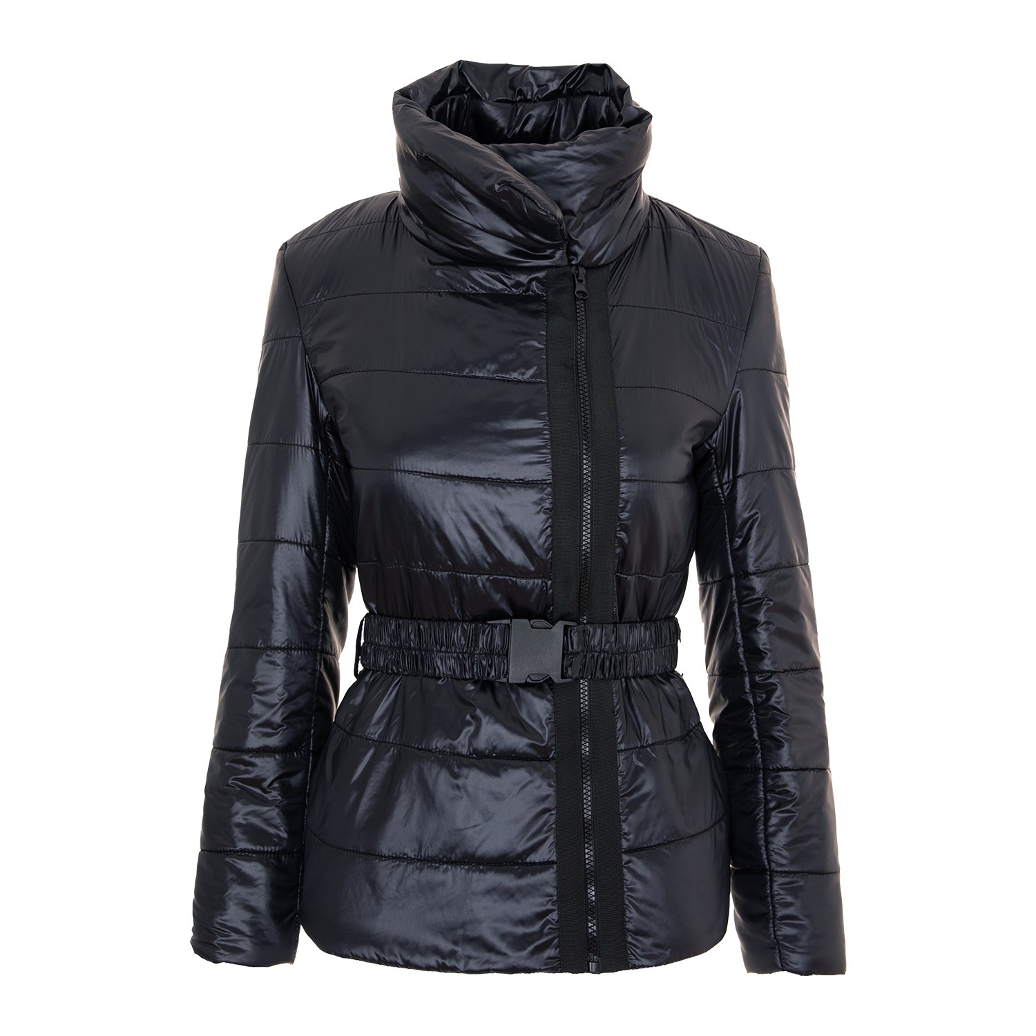 Concept A Trois Women's Black Quilted Short Jacket With Long Sleeves And Elastic Waist Belt In Black