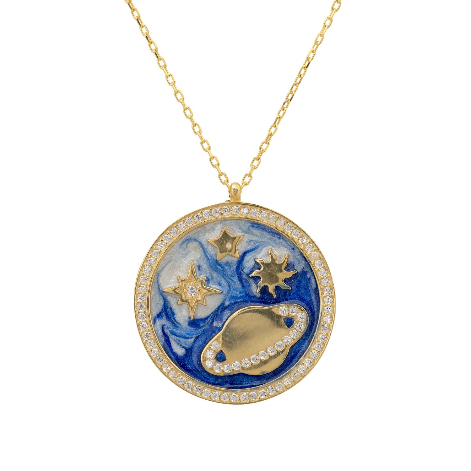 Women’s White / Gold / Blue Cosmos Stars & Planet Dark Blue Enamel Necklace Gold Latelita