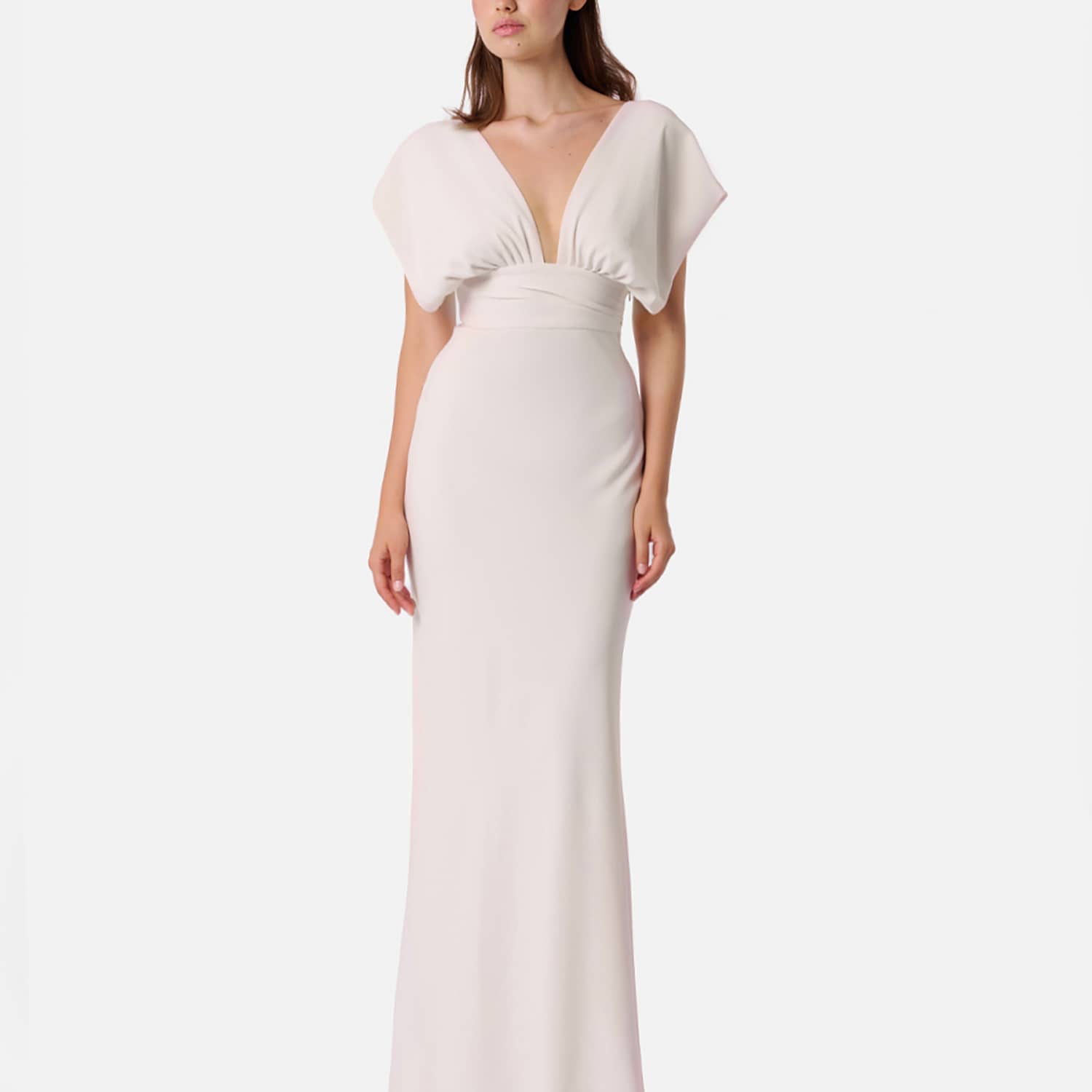 Sanctumum Amber Gown With Plunging Neckline And Butterfly Wing Sleeves - White