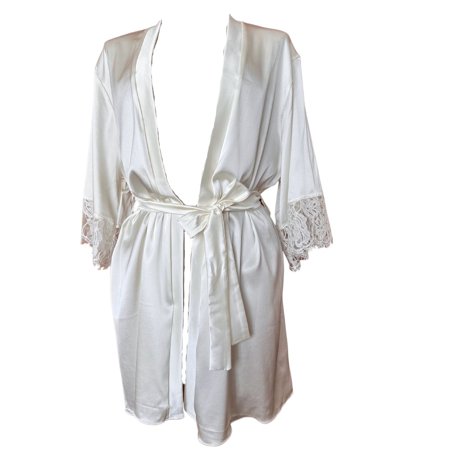 Women’s Neutrals / White Satin Silk & Cotton Lace Kimono Robe - Ivory - Ayda One Size Saeta Paris