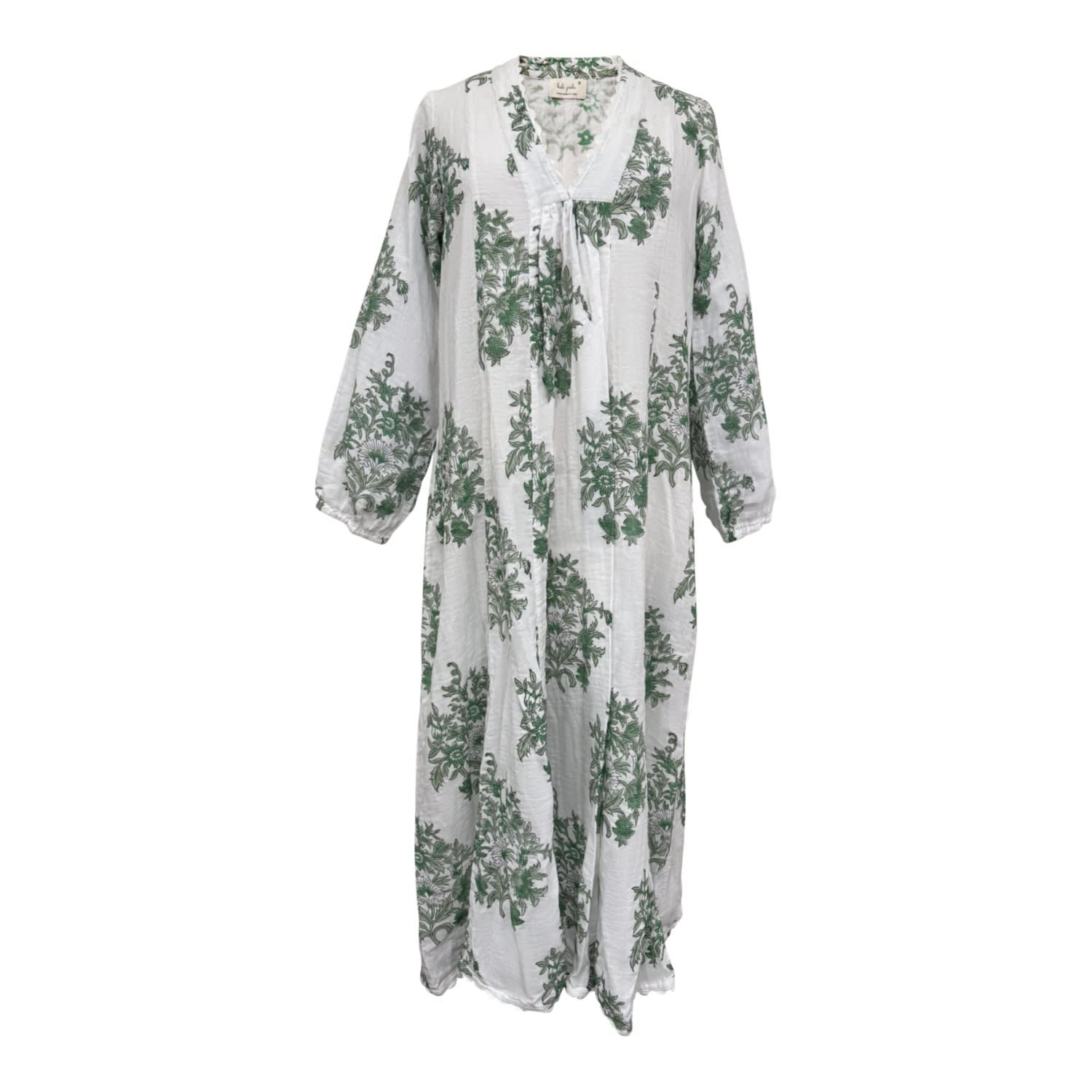 Kali Joshi Women's V Neck Green Multi Panel Kaftan Dress In White