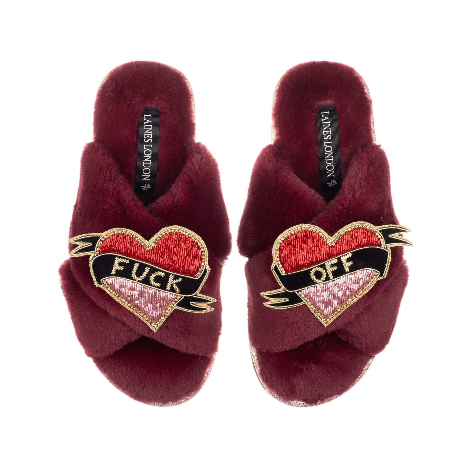 Laines London Women's Red / Gold Classic Laines Slippers With Fuck Off Brooches - Limited Edition Burgundy In Brown