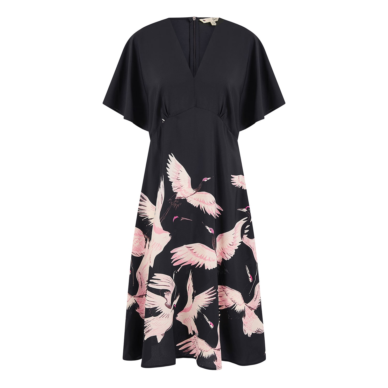 Yumi Women's  Black Recycled Fabric Crane Print Kimono Midi Dress