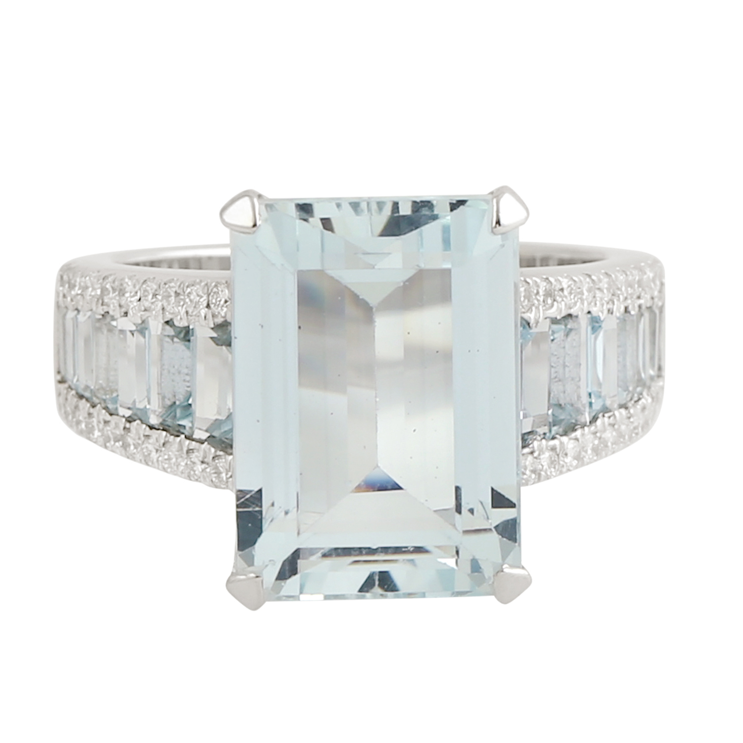 Natural Aquamarine Baguette 18k White Gold Diamond Ring Designer