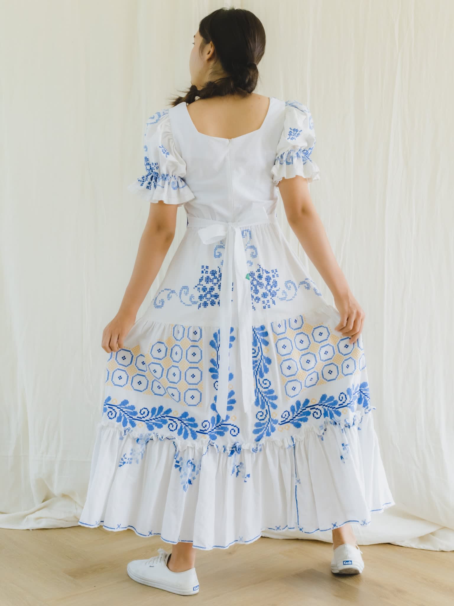 Embroidered ruffle sleeve midi dress hotsell