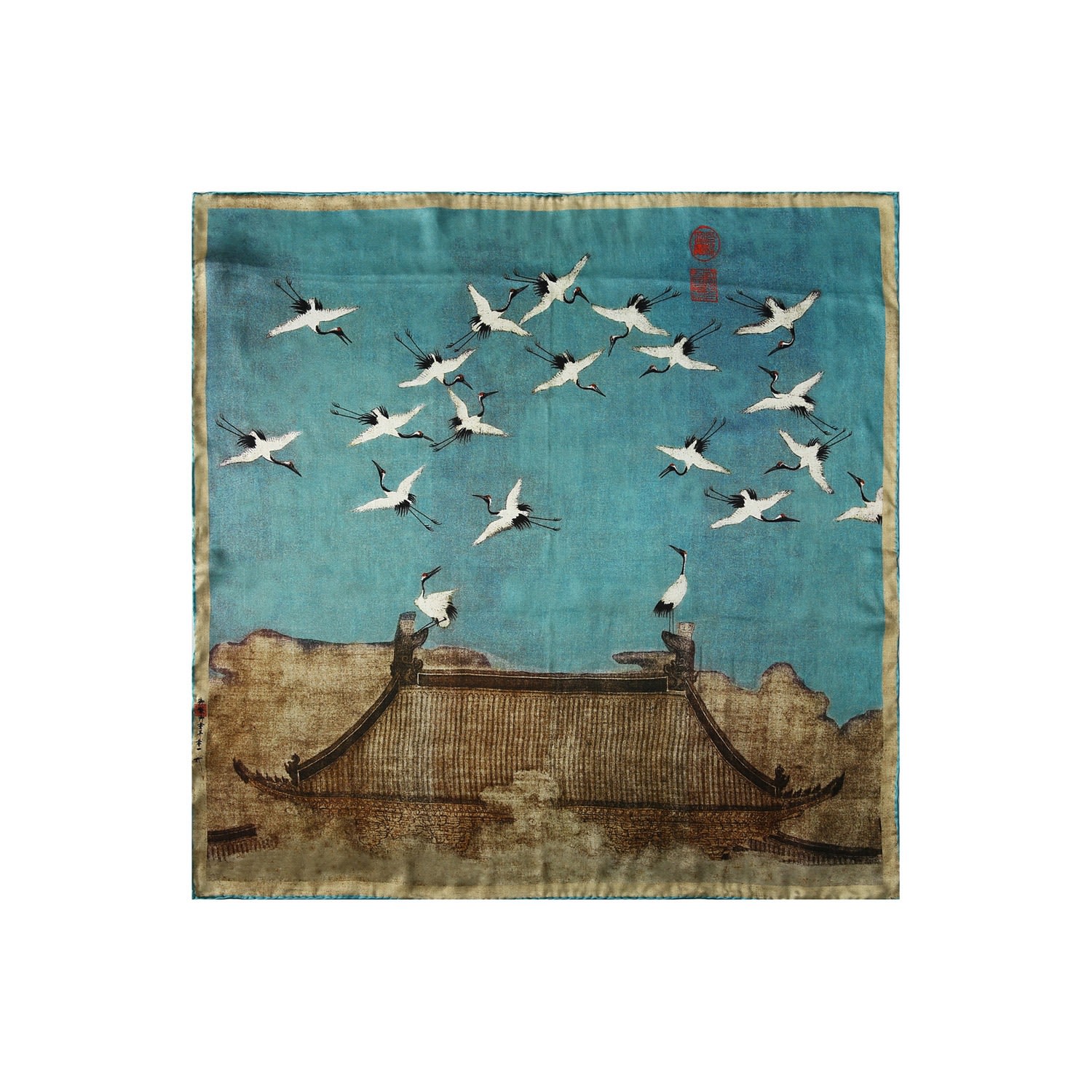 Soft Strokes Silk Women's Green Pure Silk Scarf Ink & Colour By Zhao Ji Auspicious Crane Small In Green