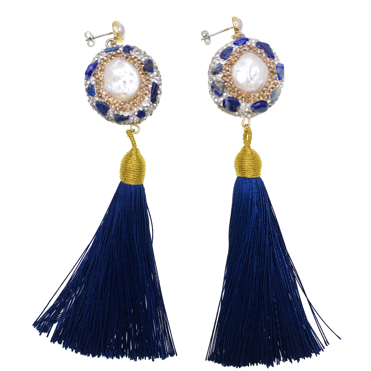 Women’s Blue Rhinestones Bordered Lapis Stones Tassel Earrings Farra