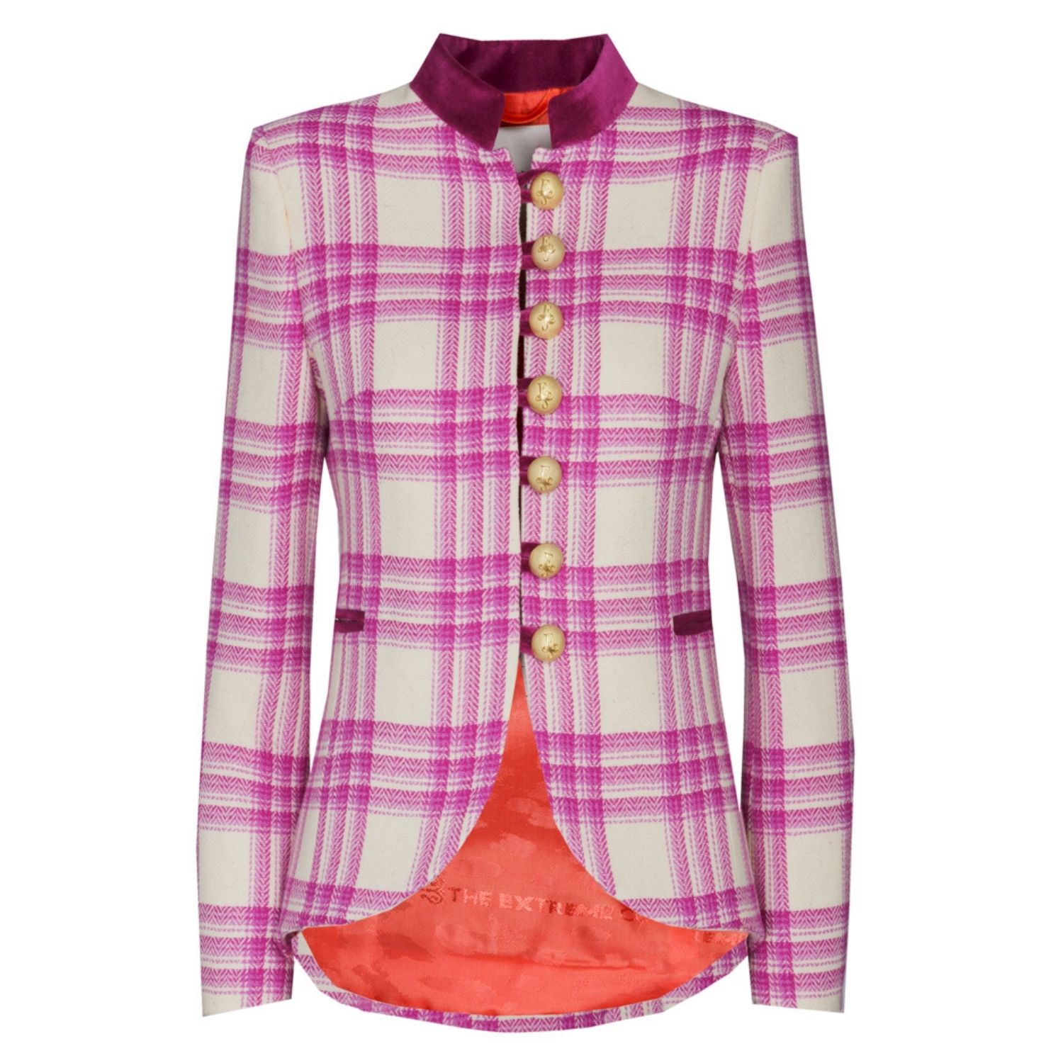 The Extreme Collection Women's Neutrals / Pink Checked Wool Ivory Frock Coat  Raspberry
